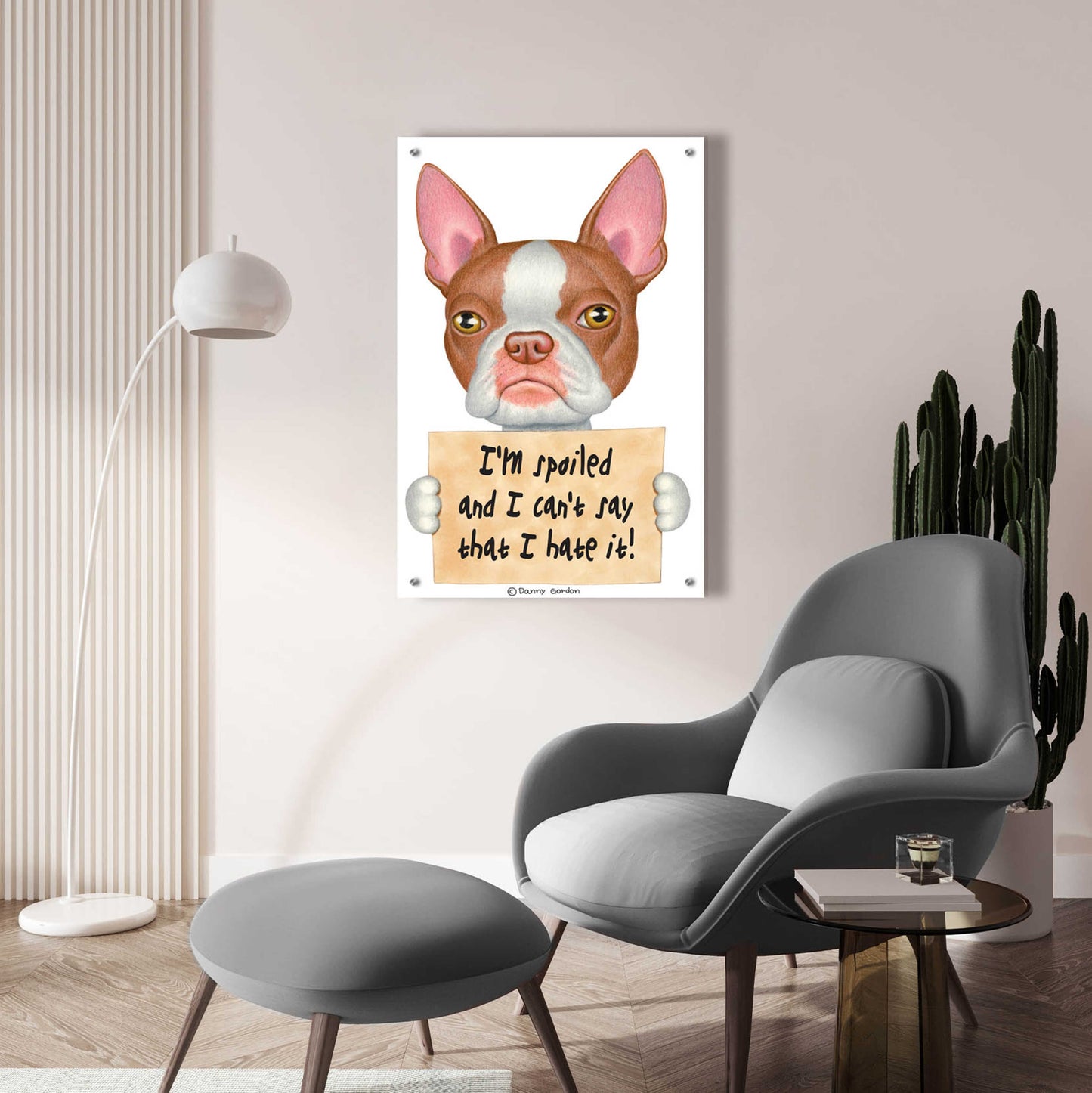 Epic Art 'Red Boston Terrier with Sign' by Danny Gordon Art, Acrylic Glass Wall Art,24x36