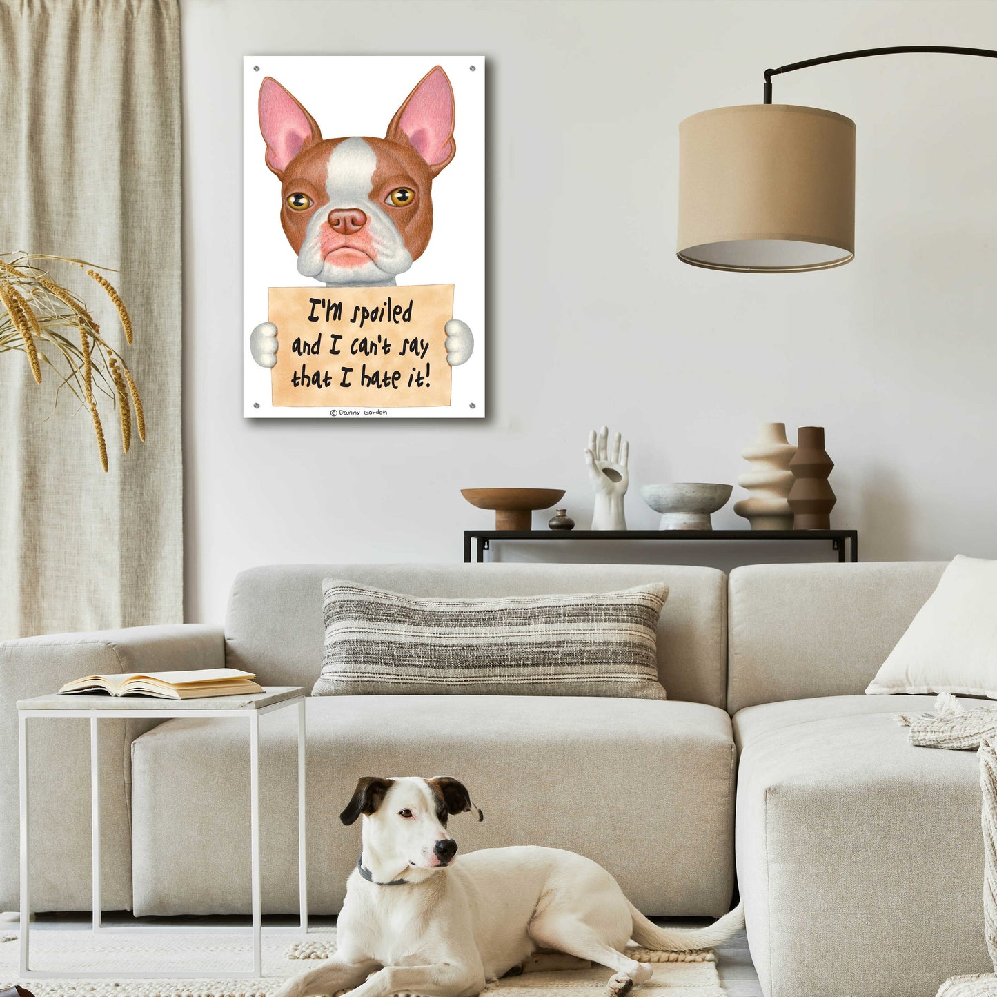 Epic Art 'Red Boston Terrier with Sign' by Danny Gordon Art, Acrylic Glass Wall Art,24x36