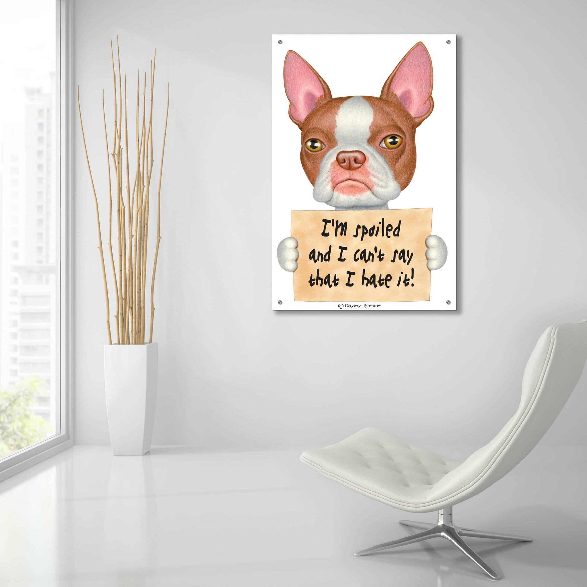 Epic Art 'Red Boston Terrier with Sign' by Danny Gordon Art, Acrylic Glass Wall Art,24x36