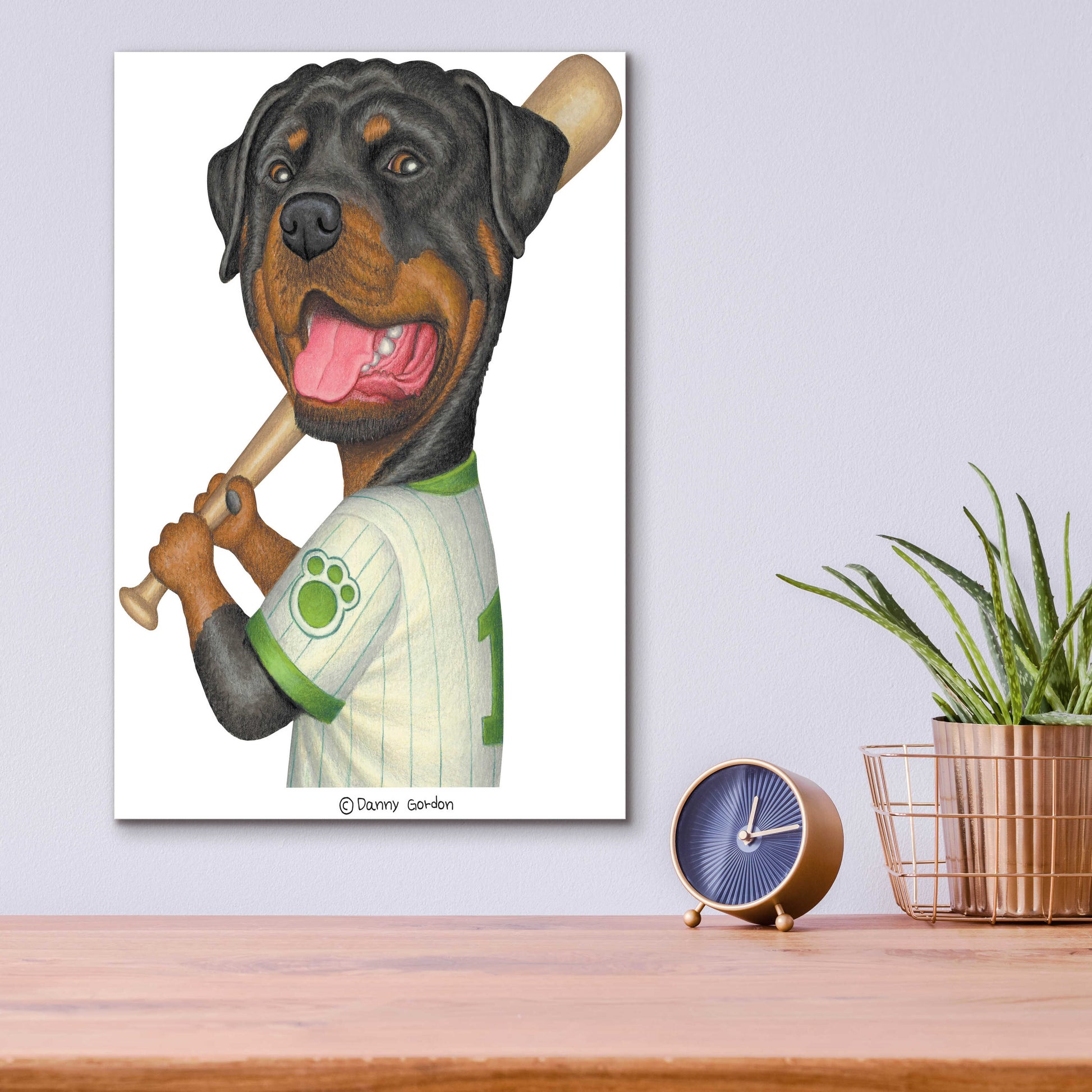 Epic Art 'Rottweiler Holding Bat' by Danny Gordon Art, Acrylic Glass Wall Art,12x16