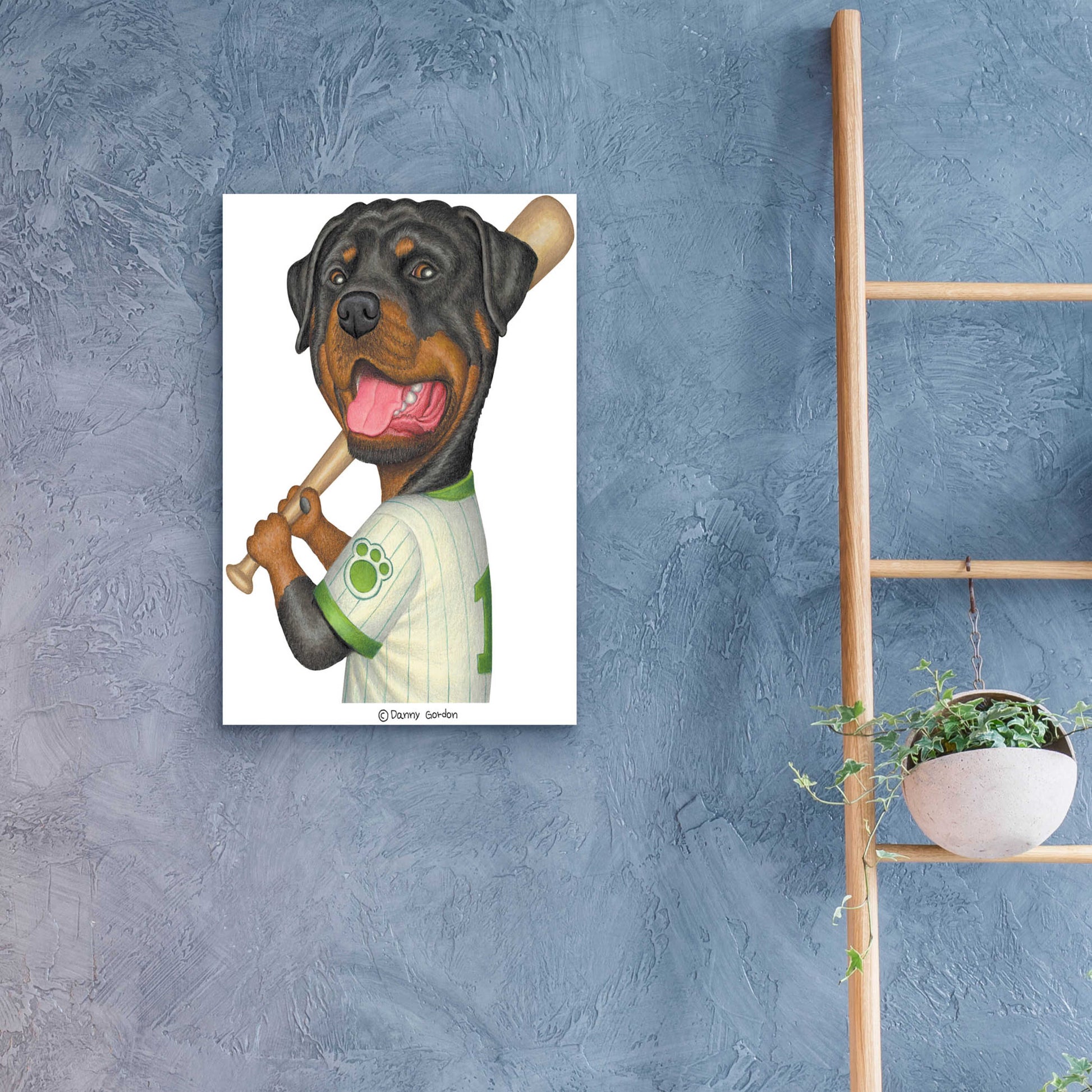 Epic Art 'Rottweiler Holding Bat' by Danny Gordon Art, Acrylic Glass Wall Art,16x24