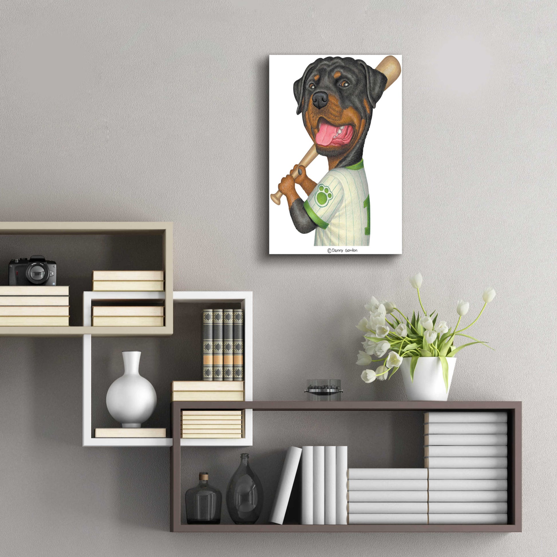 Epic Art 'Rottweiler Holding Bat' by Danny Gordon Art, Acrylic Glass Wall Art,16x24