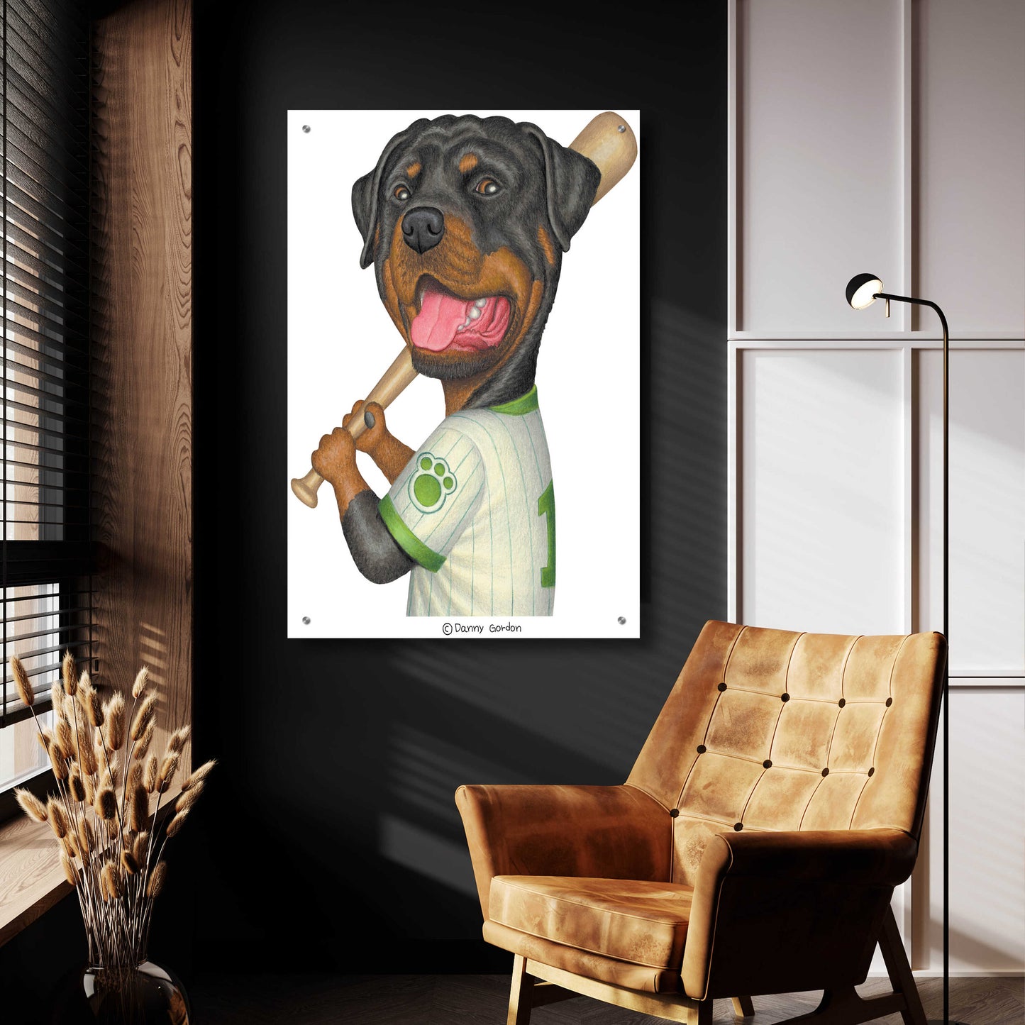 Epic Art 'Rottweiler Holding Bat' by Danny Gordon Art, Acrylic Glass Wall Art,24x36