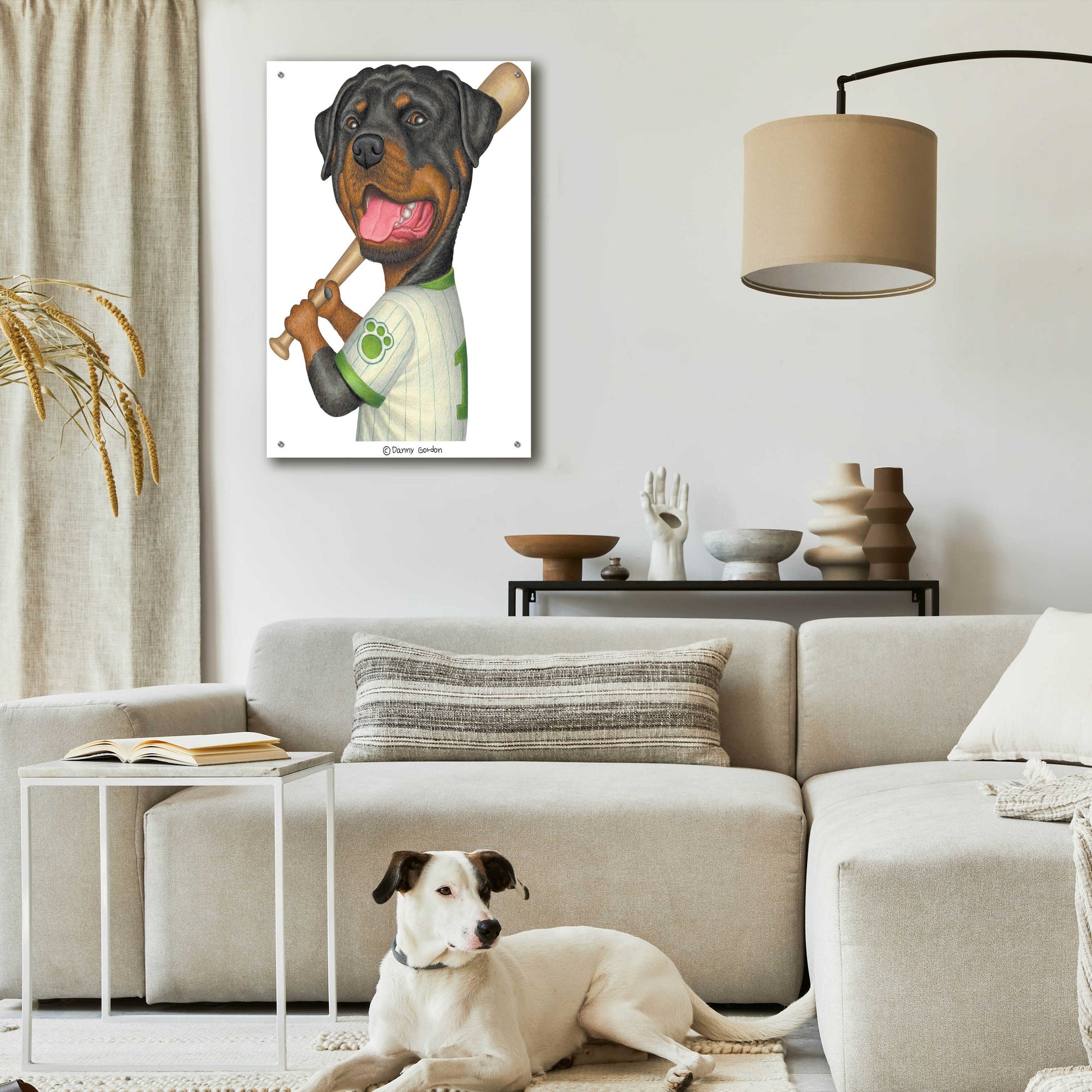 Epic Art 'Rottweiler Holding Bat' by Danny Gordon Art, Acrylic Glass Wall Art,24x36