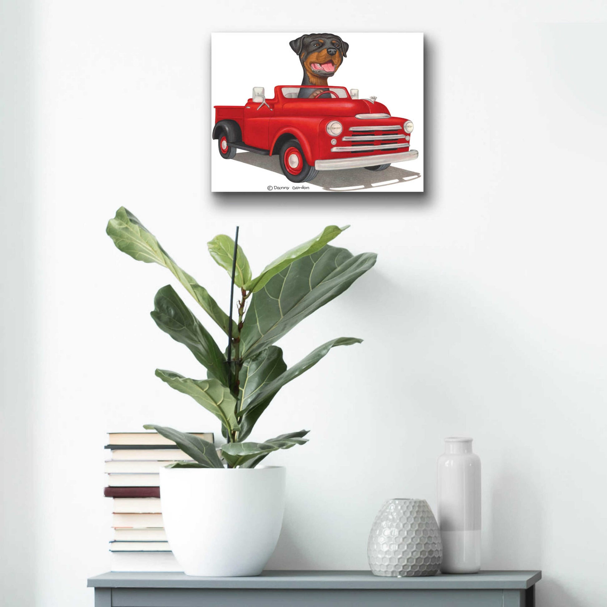 Epic Art 'Rottweiler in Red Truck' by Danny Gordon Art, Acrylic Glass Wall Art,16x12