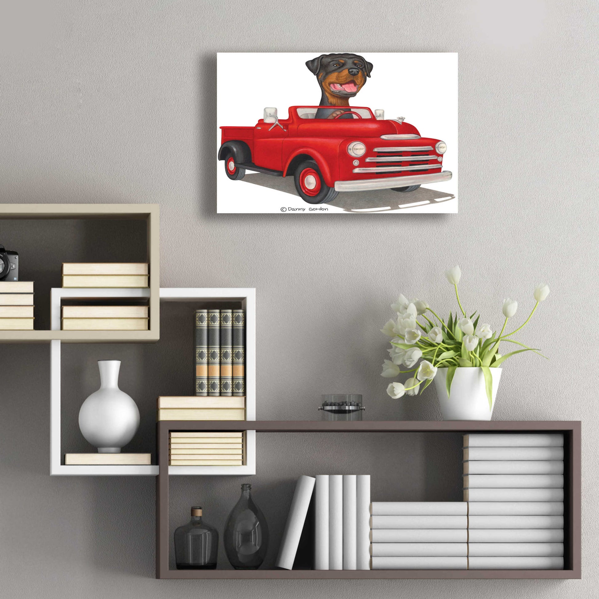 Epic Art 'Rottweiler in Red Truck' by Danny Gordon Art, Acrylic Glass Wall Art,24x16