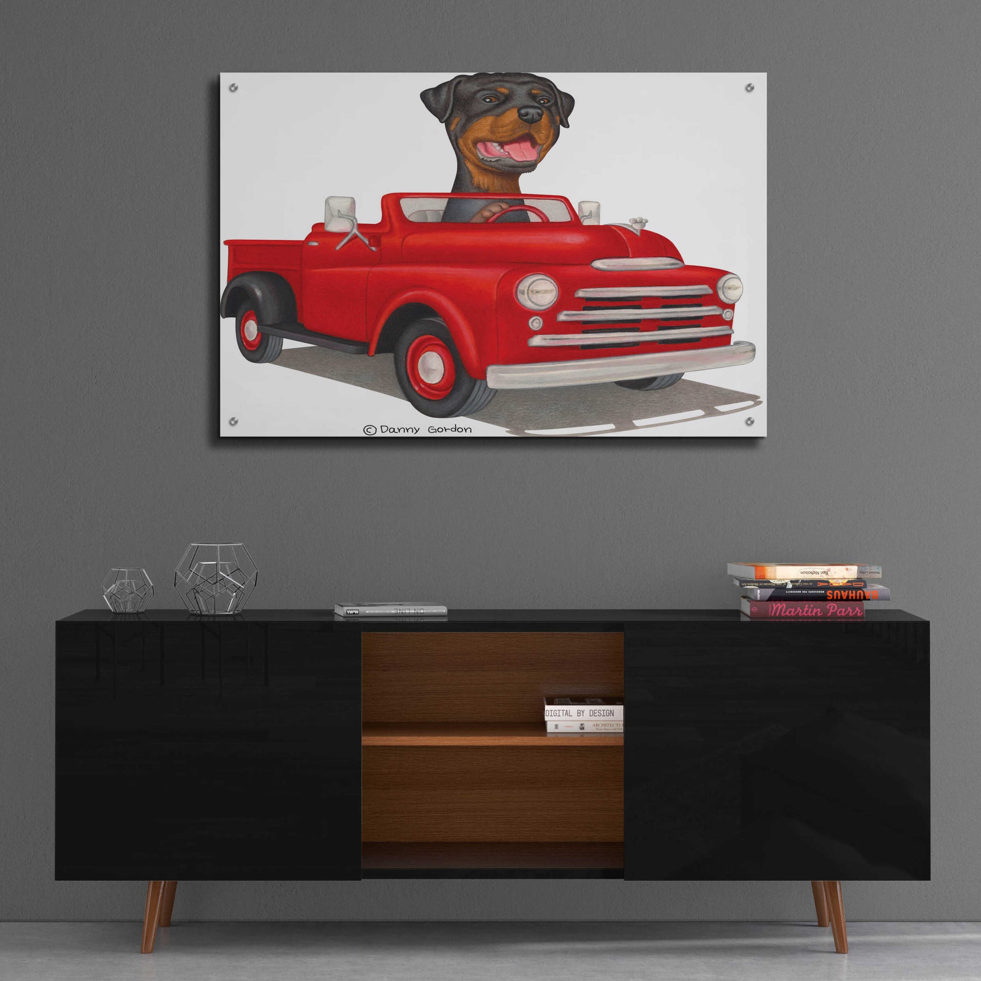 Epic Art 'Rottweiler in Red Truck' by Danny Gordon Art, Acrylic Glass Wall Art,36x24