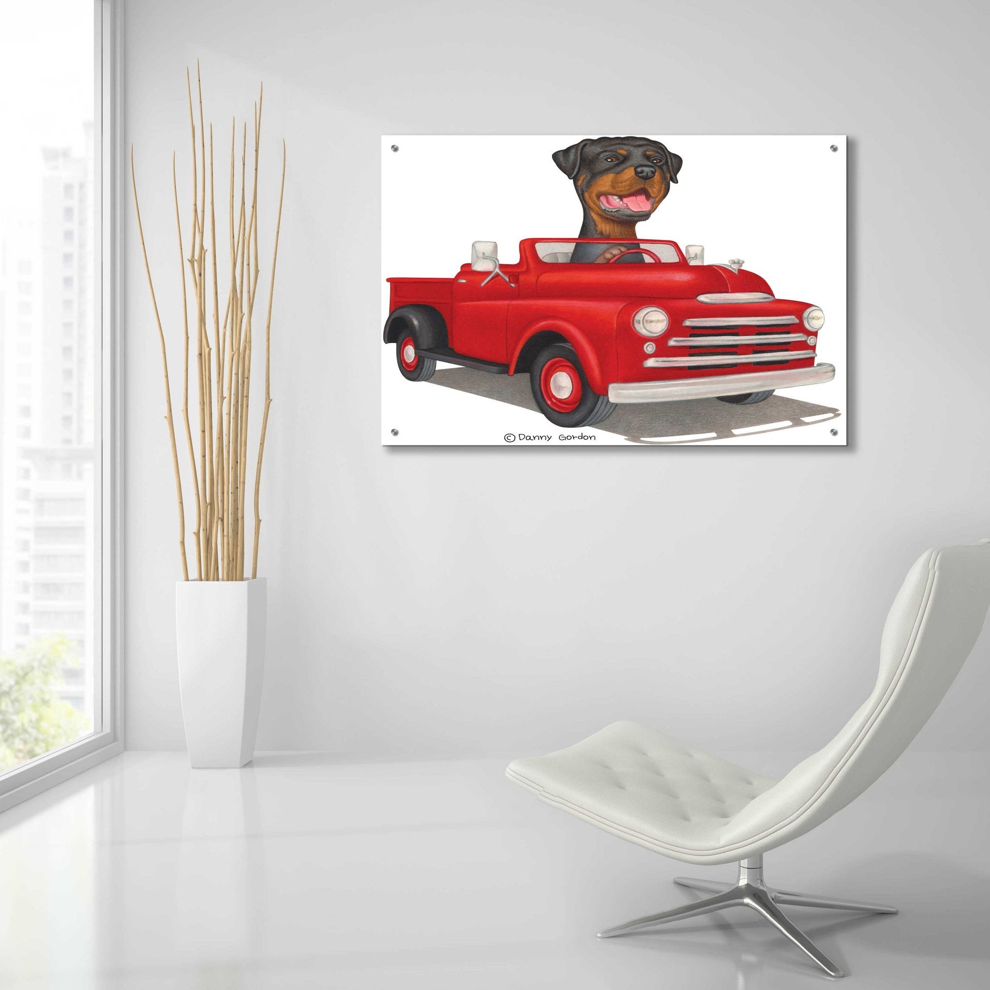 Epic Art 'Rottweiler in Red Truck' by Danny Gordon Art, Acrylic Glass Wall Art,36x24