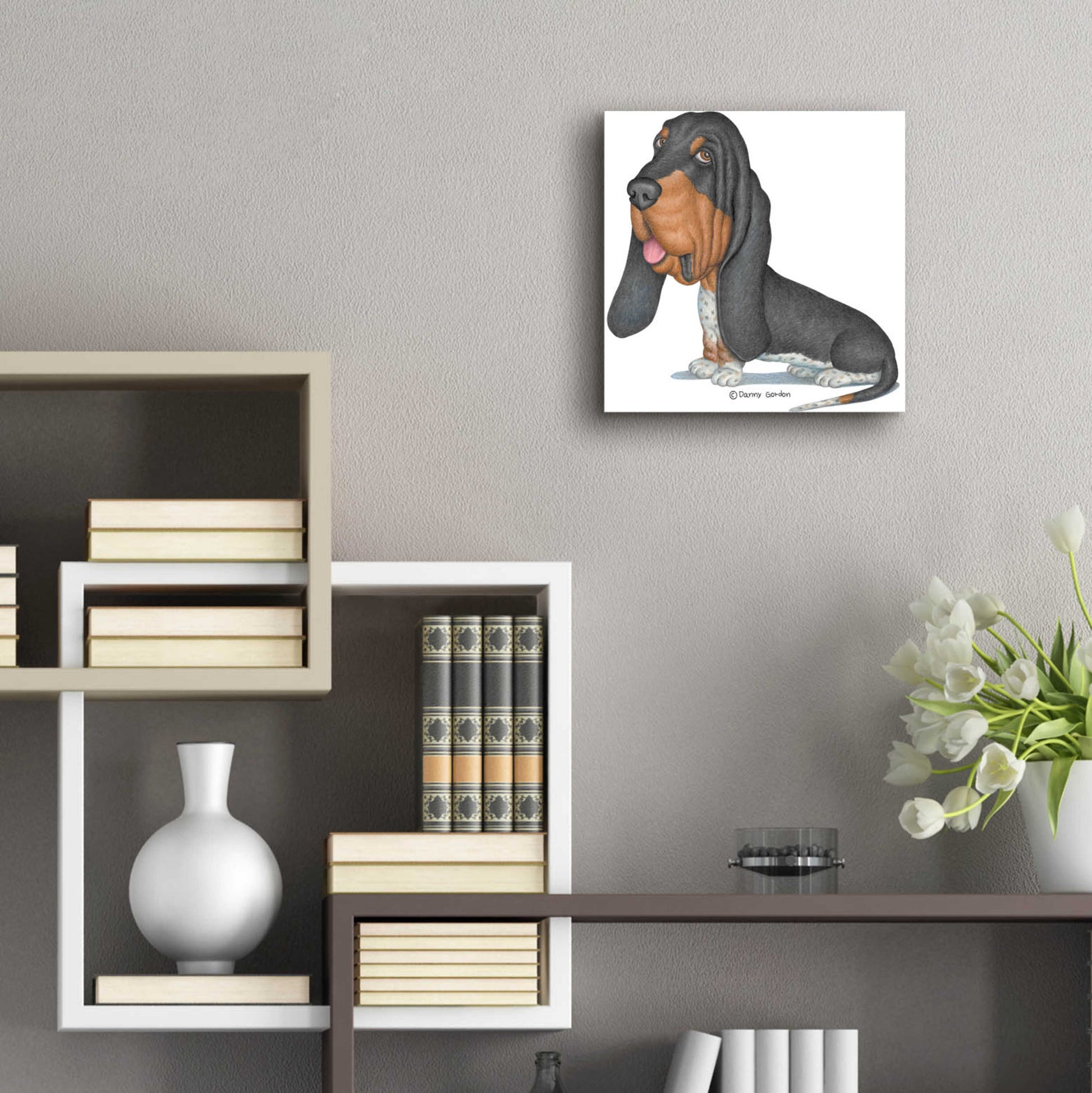 Epic Art 'Tri Color Basset Hound Sitting' by Danny Gordon Art, Acrylic Glass Wall Art,12x12