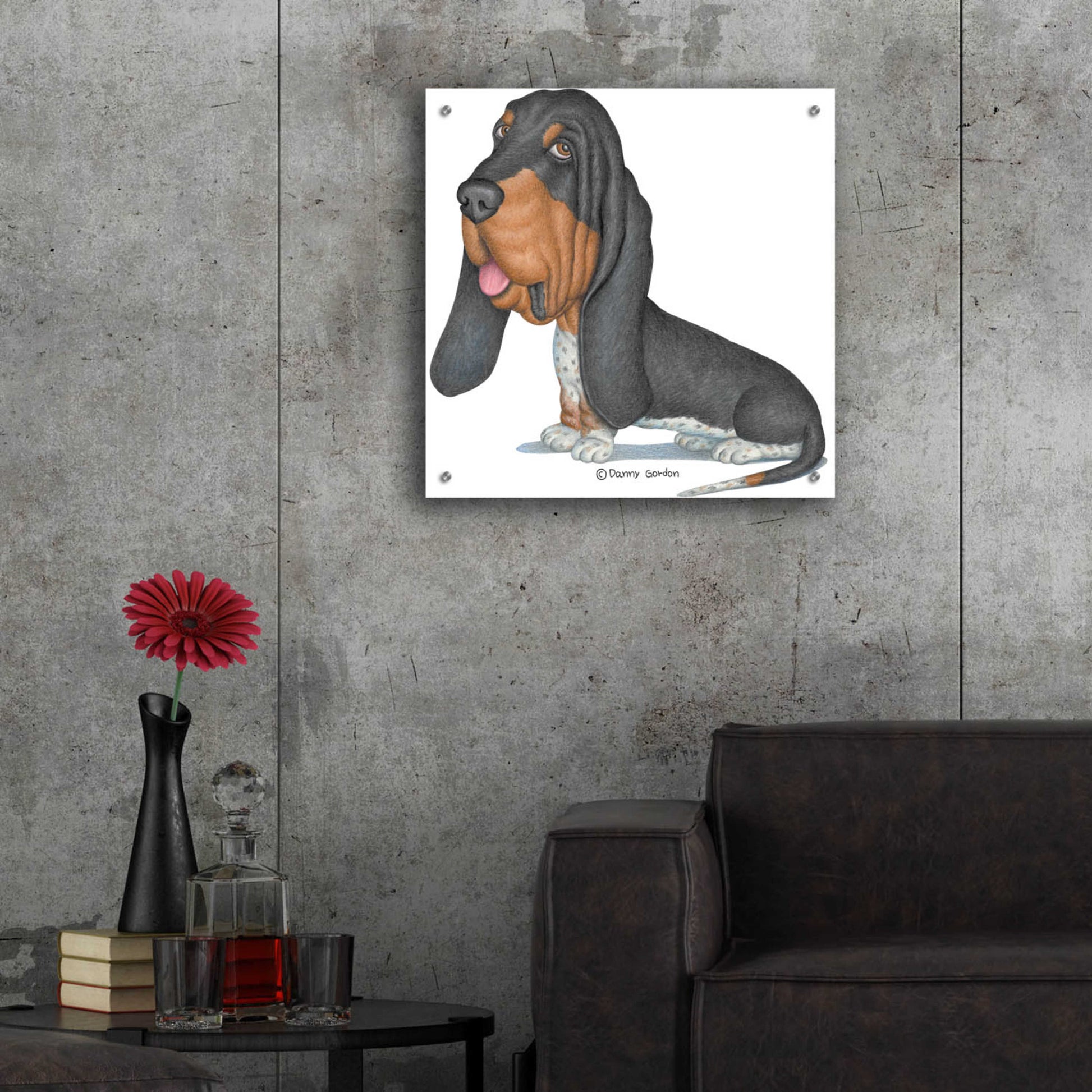 Epic Art 'Tri Color Basset Hound Sitting' by Danny Gordon Art, Acrylic Glass Wall Art,24x24