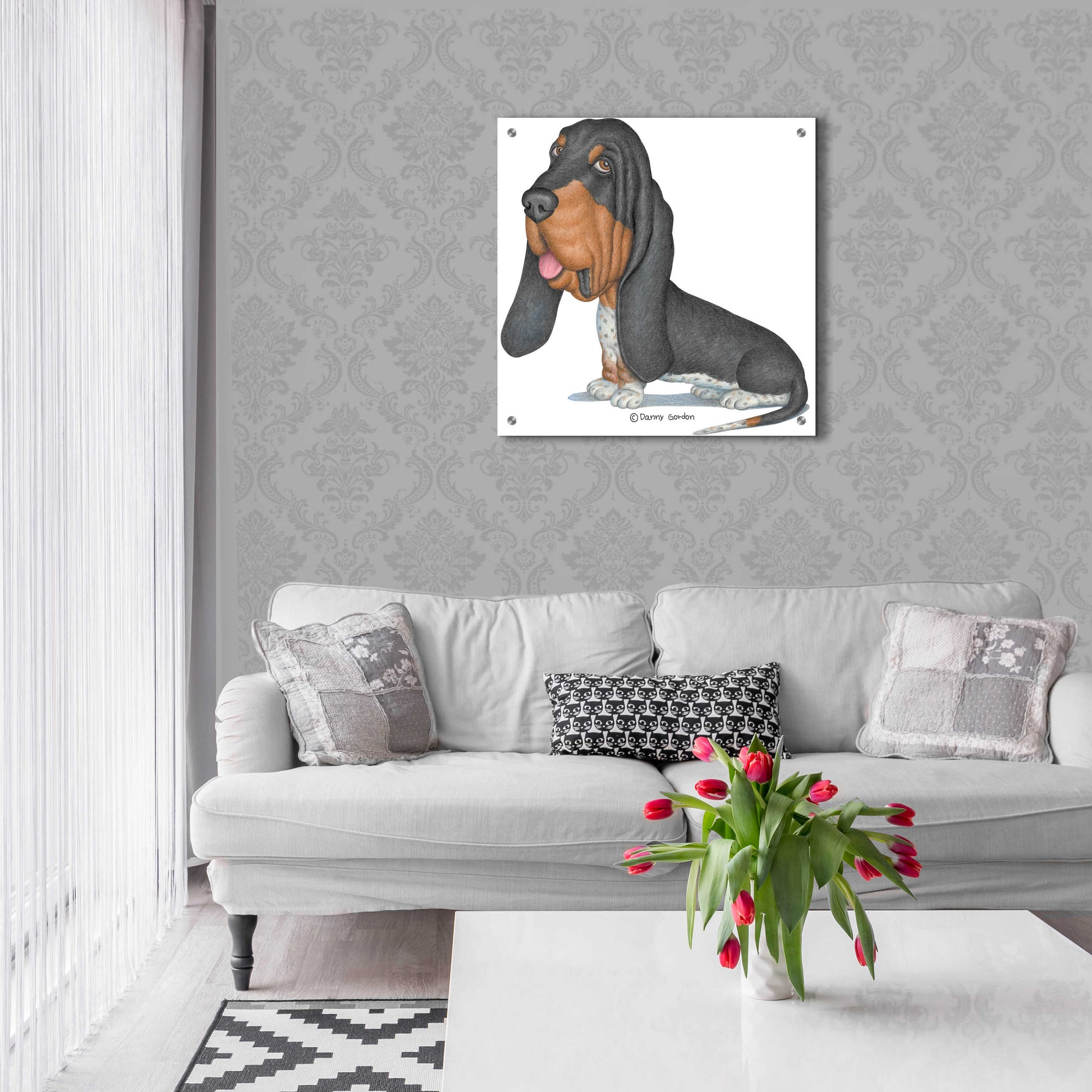 Epic Art 'Tri Color Basset Hound Sitting' by Danny Gordon Art, Acrylic Glass Wall Art,24x24