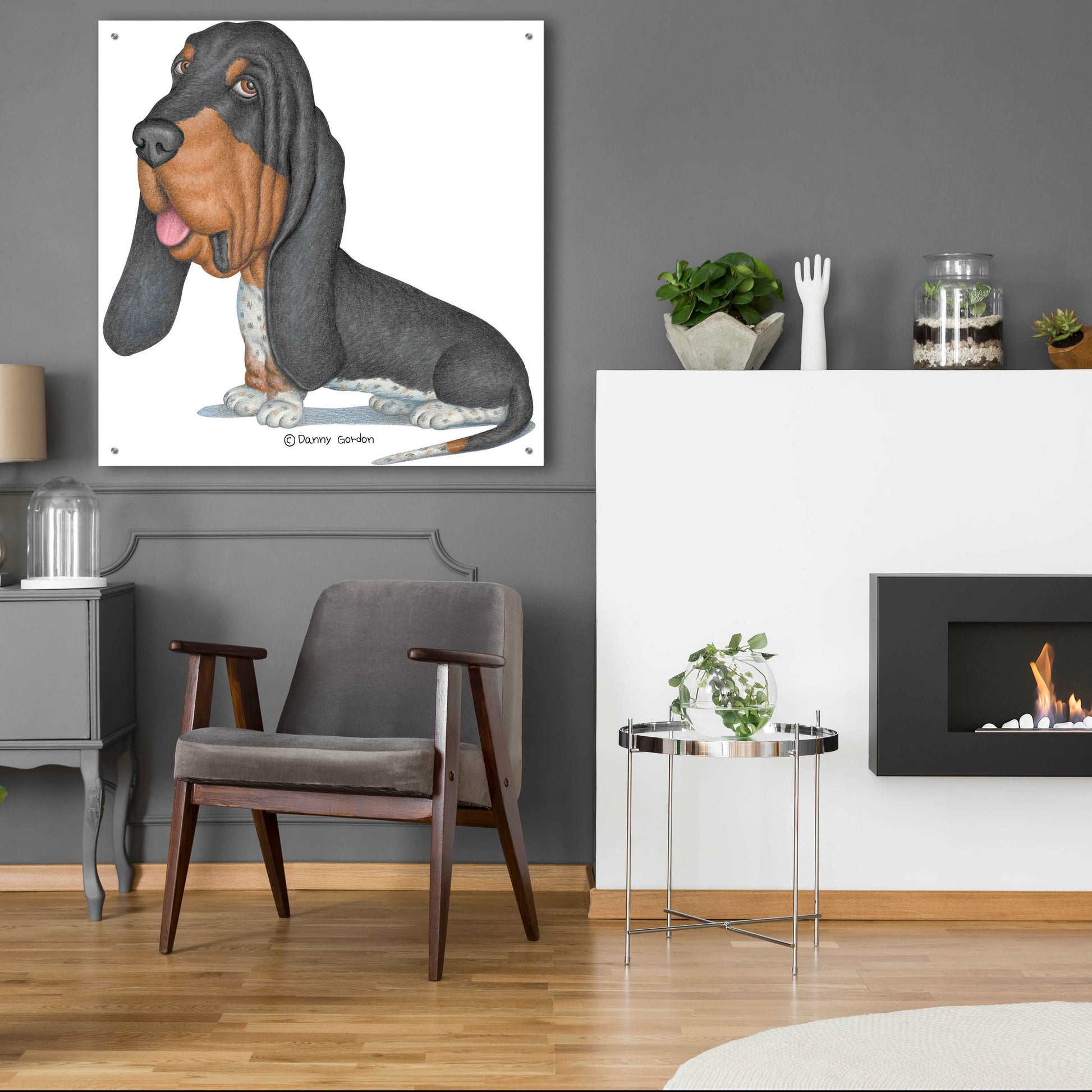 Epic Art 'Tri Color Basset Hound Sitting' by Danny Gordon Art, Acrylic Glass Wall Art,36x36