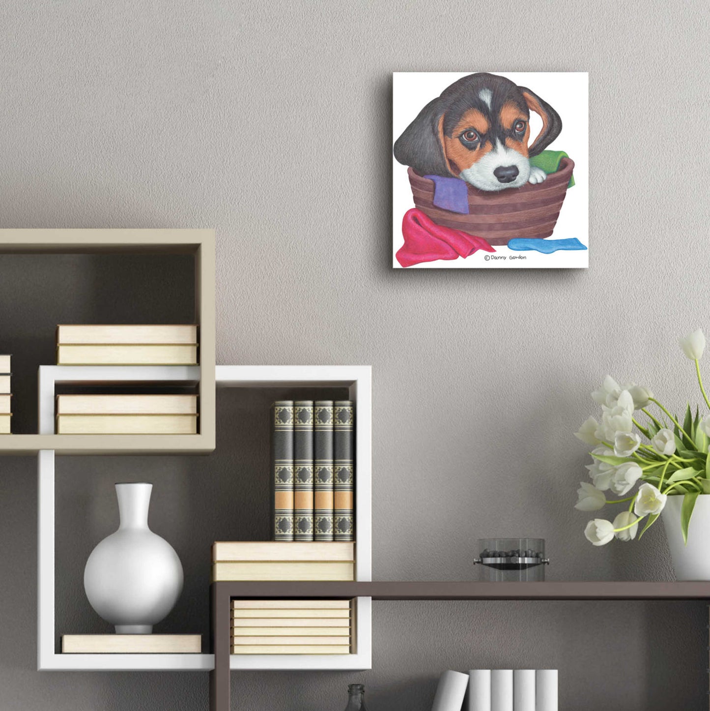 Epic Art 'Tri Color Beagle in Basket' by Danny Gordon Art, Acrylic Glass Wall Art,12x12