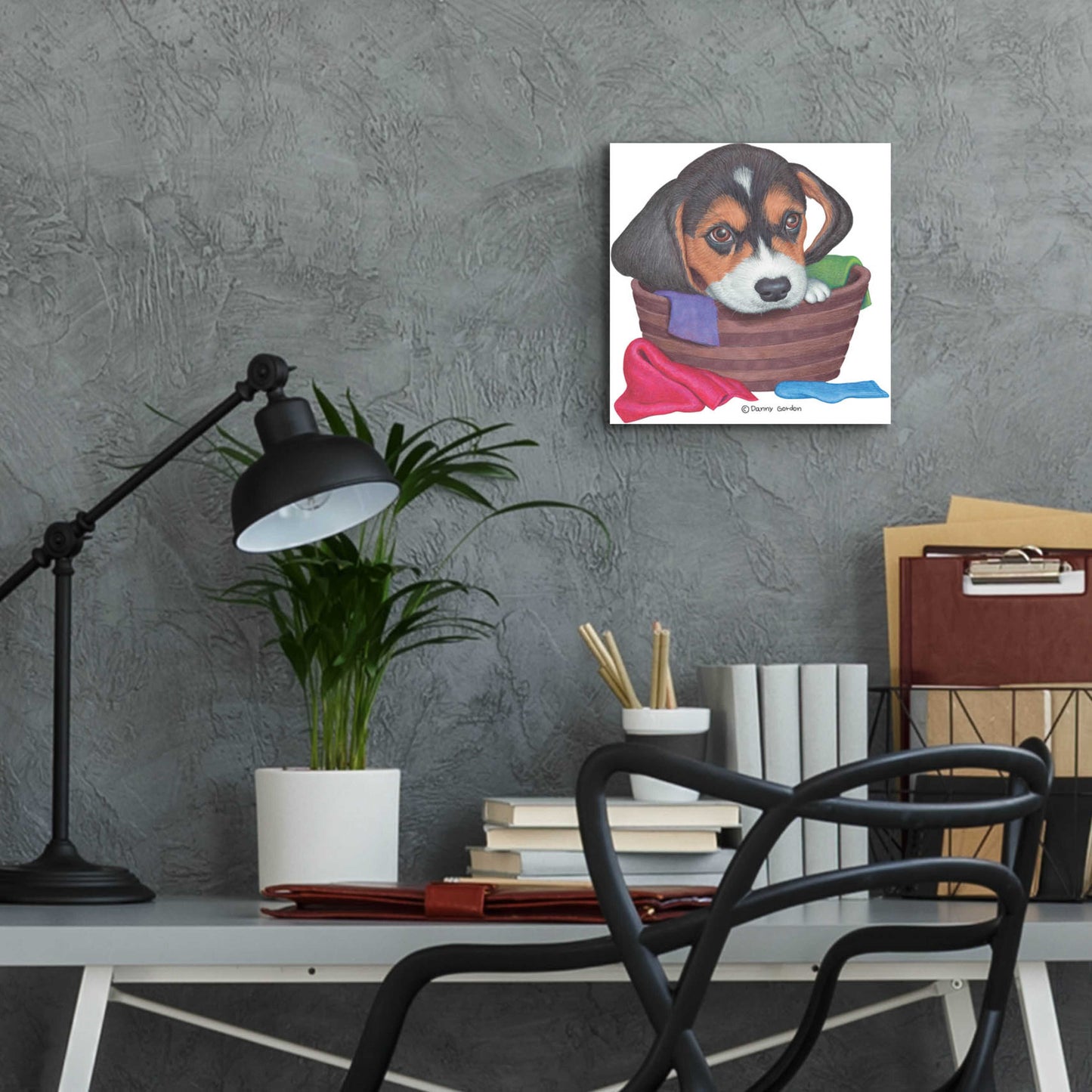 Epic Art 'Tri Color Beagle in Basket' by Danny Gordon Art, Acrylic Glass Wall Art,12x12