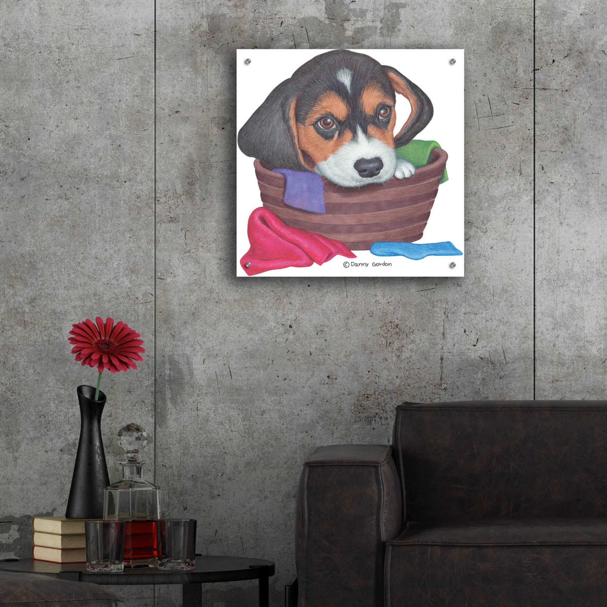 Epic Art 'Tri Color Beagle in Basket' by Danny Gordon Art, Acrylic Glass Wall Art,24x24