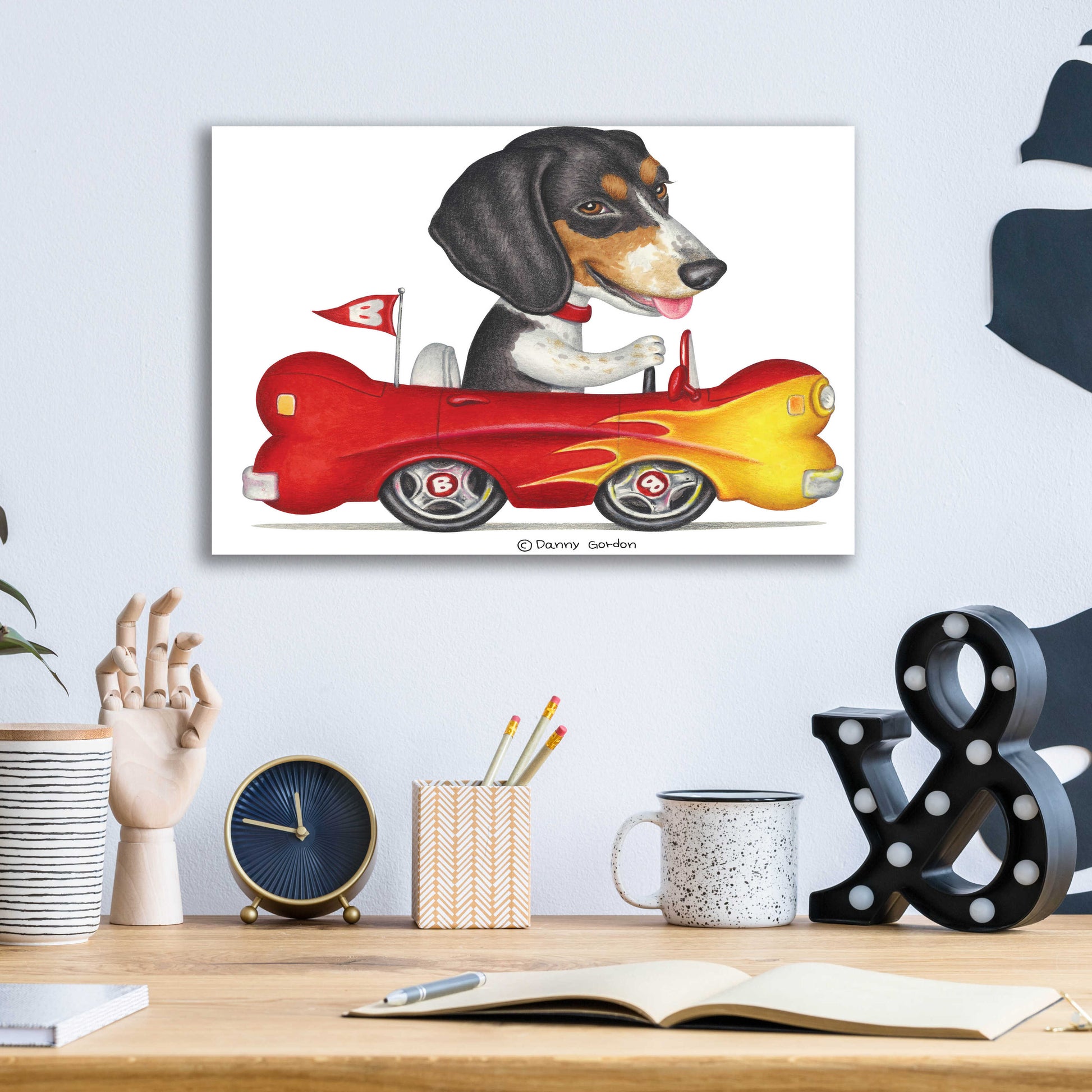 Epic Art 'Tri Color Beagle in Bone Car' by Danny Gordon Art, Acrylic Glass Wall Art,16x12