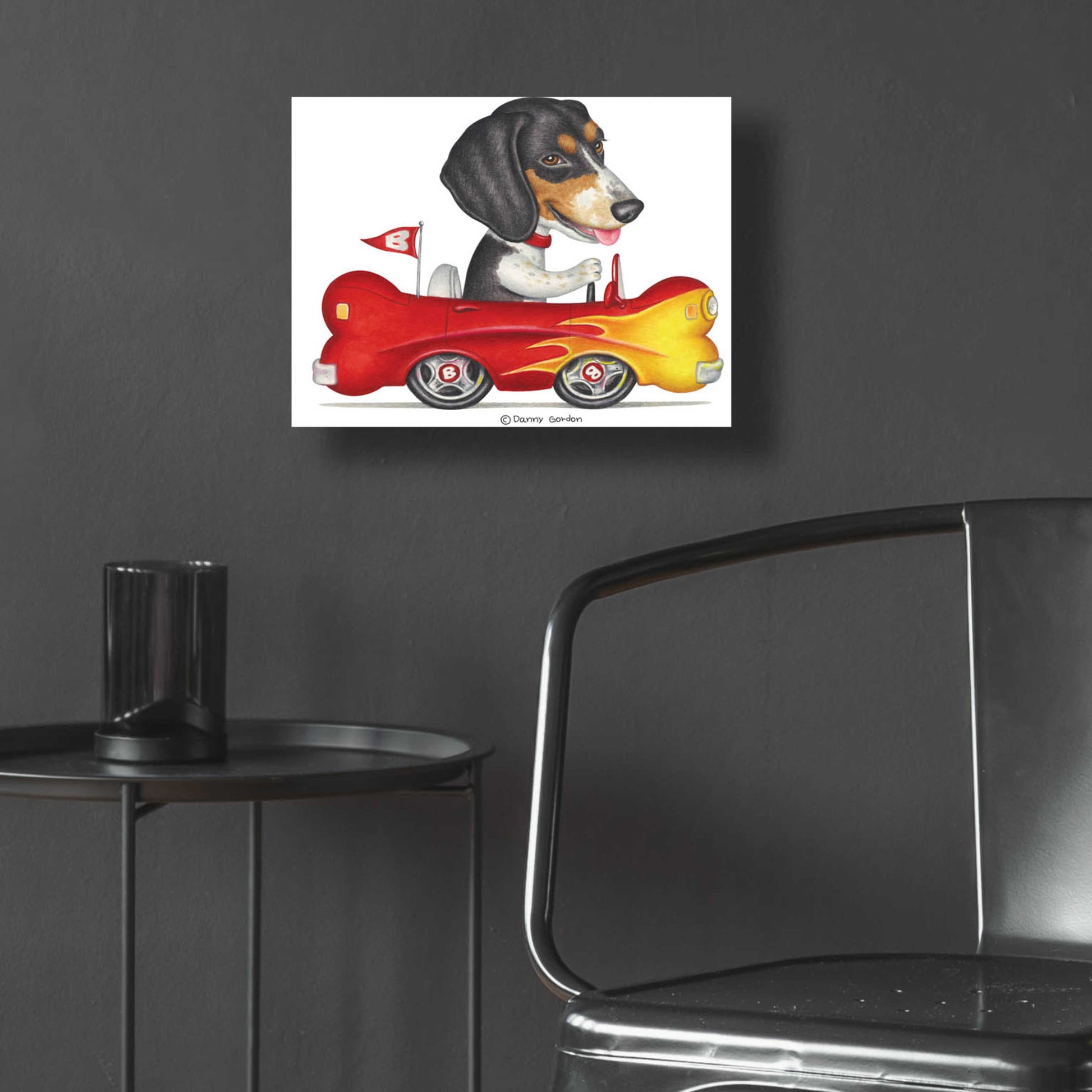 Epic Art 'Tri Color Beagle in Bone Car' by Danny Gordon Art, Acrylic Glass Wall Art,16x12