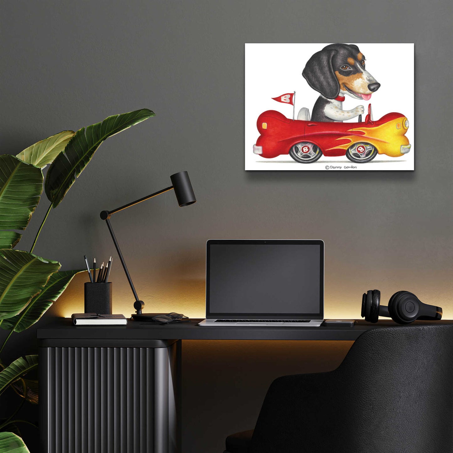 Epic Art 'Tri Color Beagle in Bone Car' by Danny Gordon Art, Acrylic Glass Wall Art,16x12