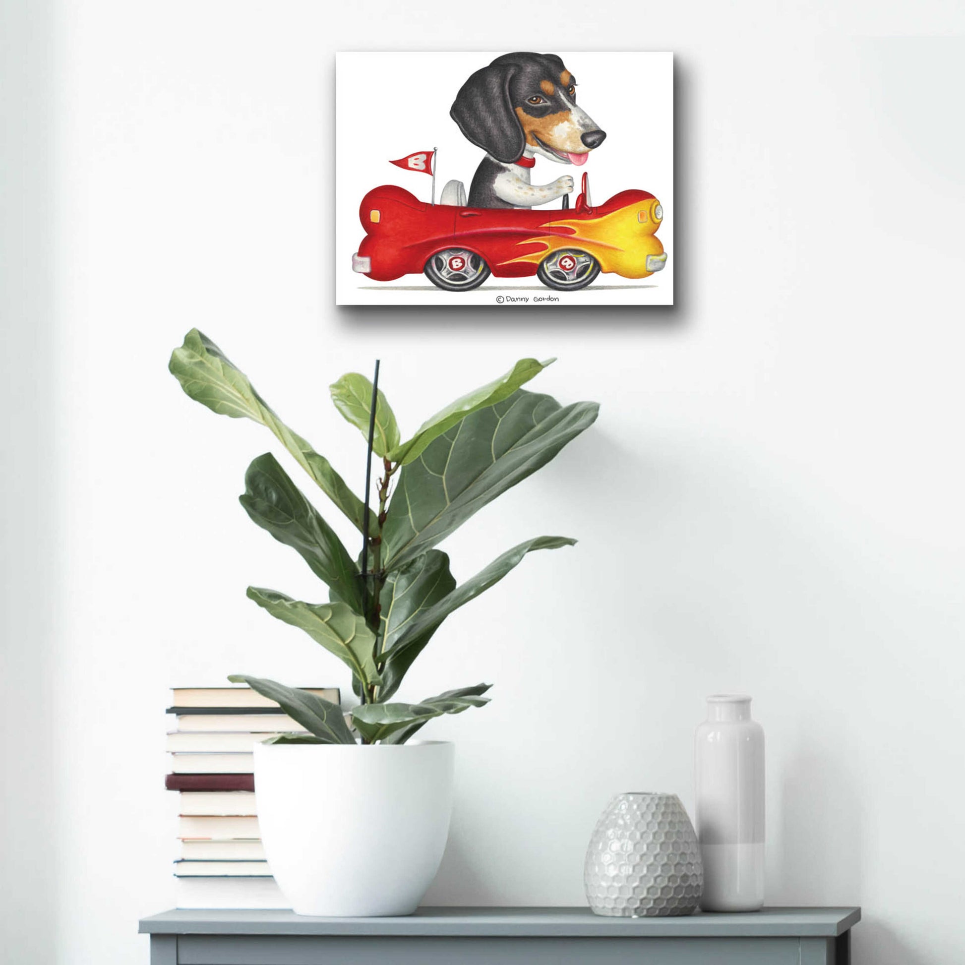 Epic Art 'Tri Color Beagle in Bone Car' by Danny Gordon Art, Acrylic Glass Wall Art,16x12