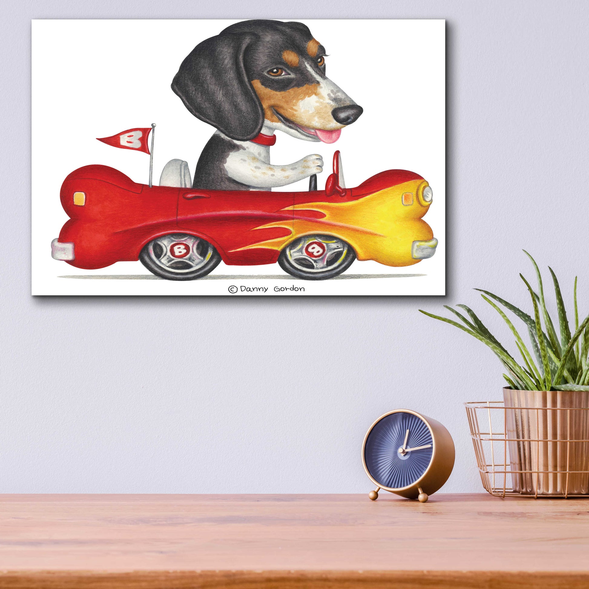 Epic Art 'Tri Color Beagle in Bone Car' by Danny Gordon Art, Acrylic Glass Wall Art,16x12