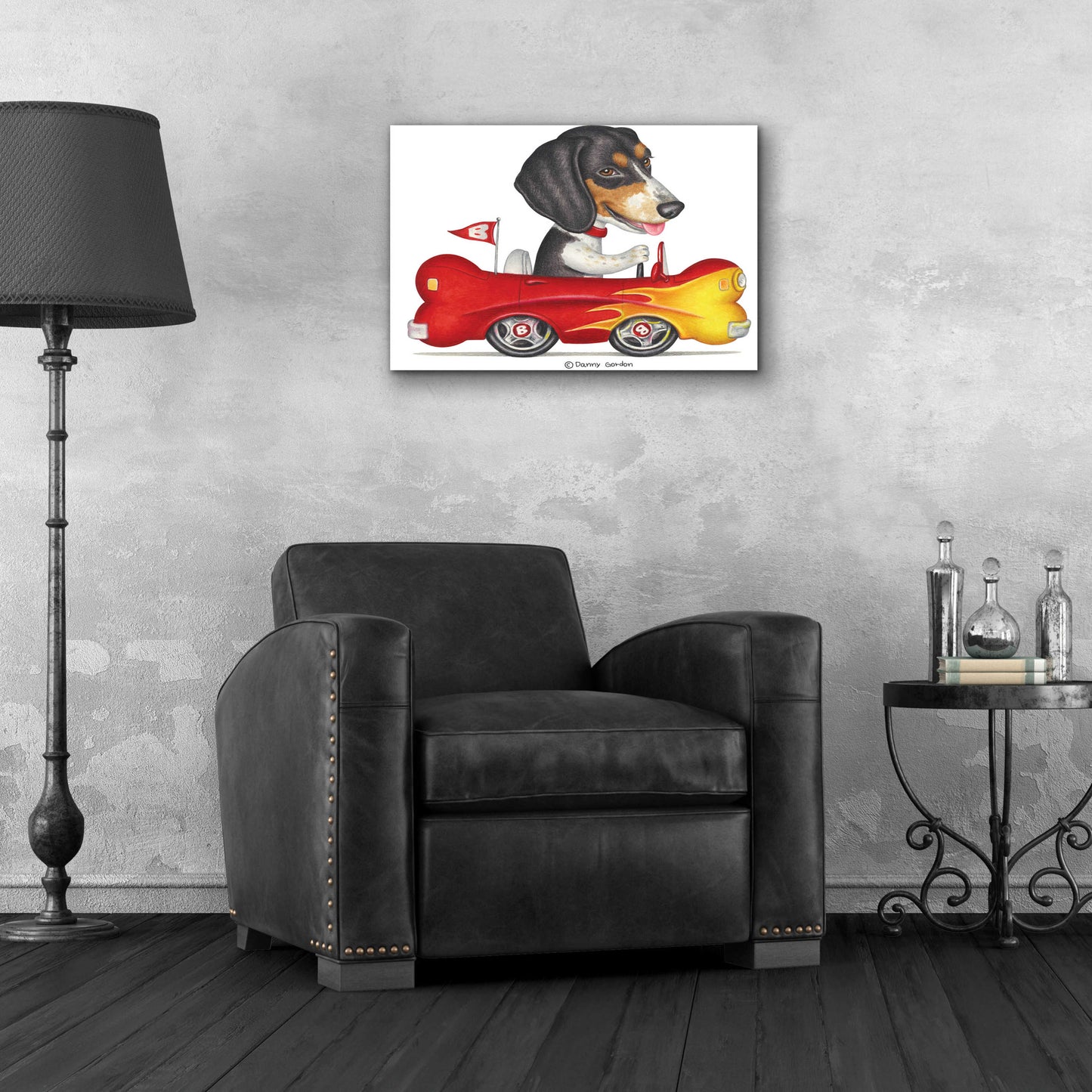 Epic Art 'Tri Color Beagle in Bone Car' by Danny Gordon Art, Acrylic Glass Wall Art,24x16