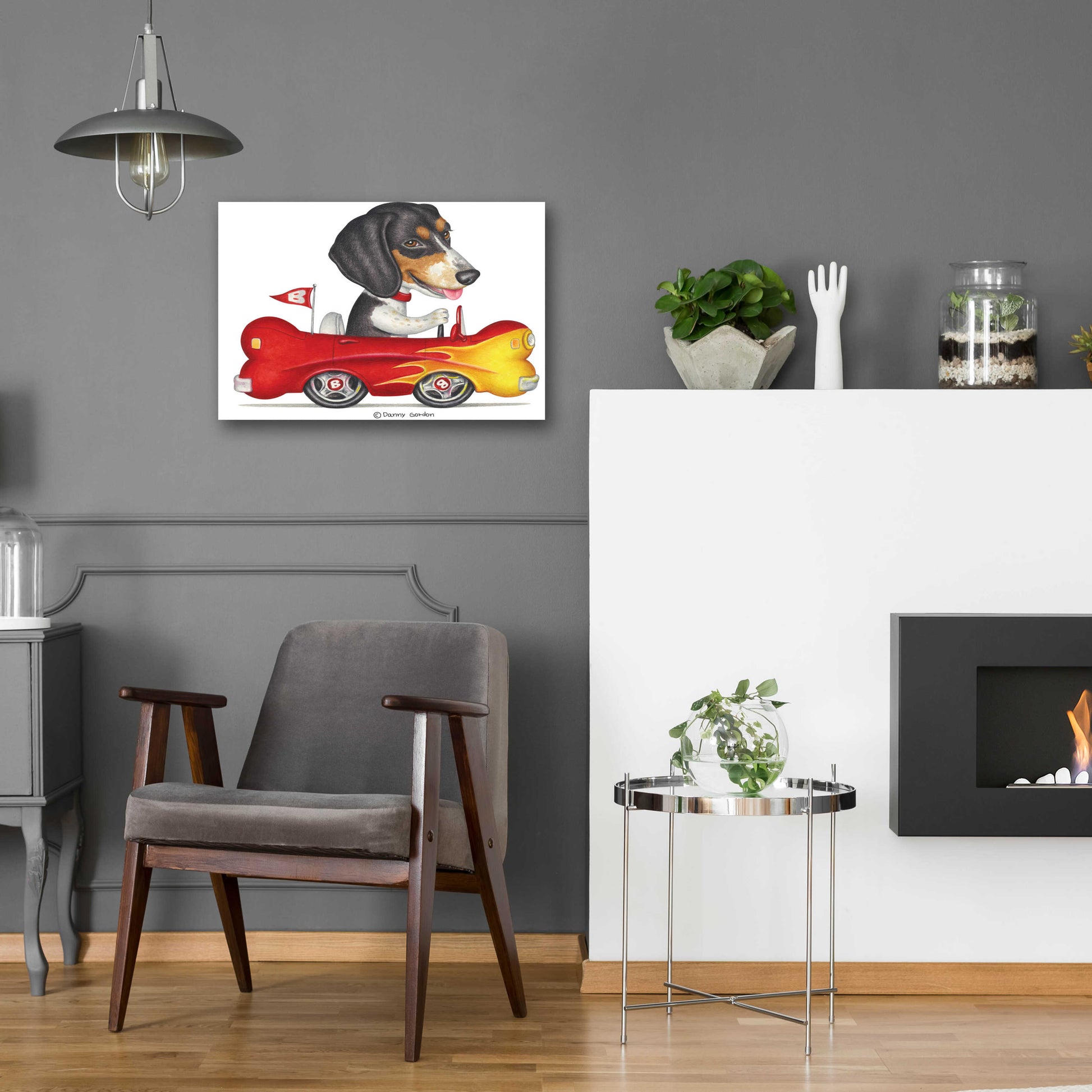 Epic Art 'Tri Color Beagle in Bone Car' by Danny Gordon Art, Acrylic Glass Wall Art,24x16