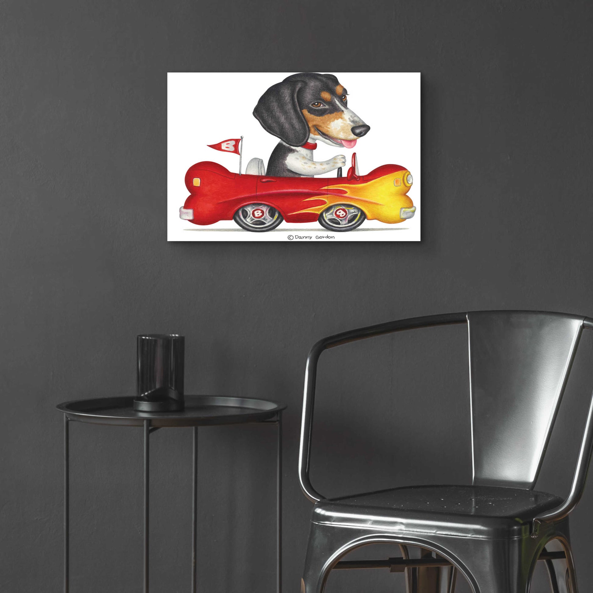 Epic Art 'Tri Color Beagle in Bone Car' by Danny Gordon Art, Acrylic Glass Wall Art,24x16