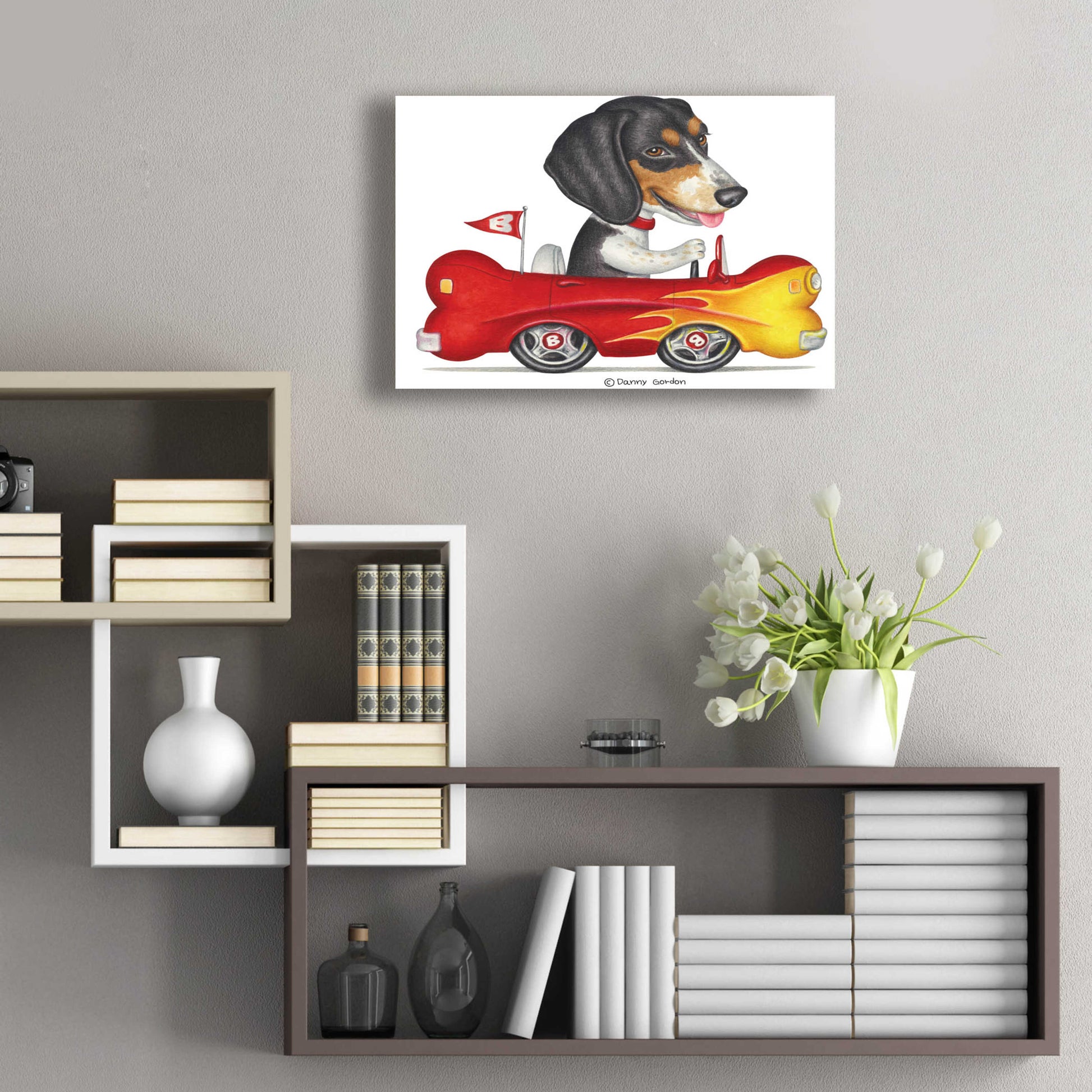 Epic Art 'Tri Color Beagle in Bone Car' by Danny Gordon Art, Acrylic Glass Wall Art,24x16