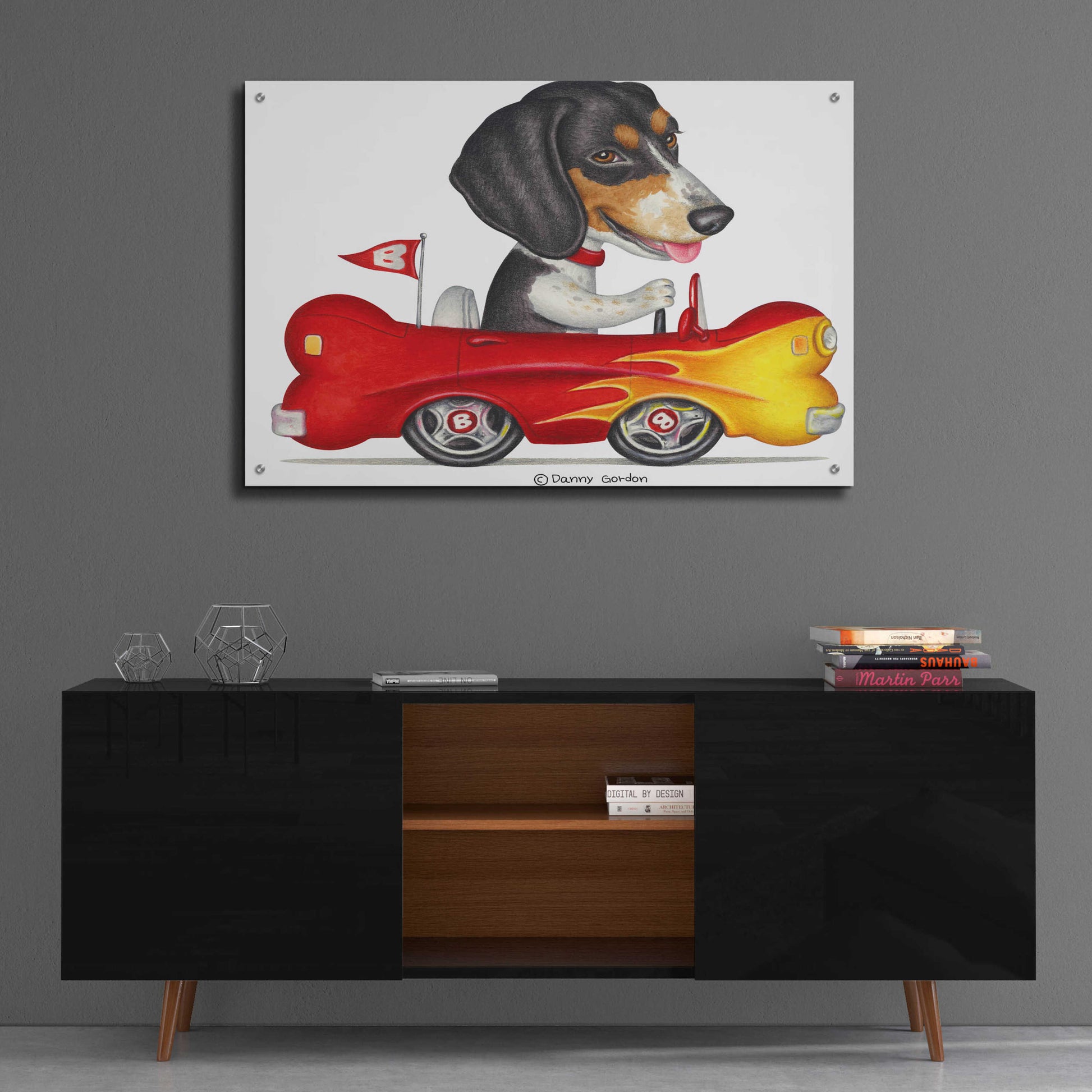 Epic Art 'Tri Color Beagle in Bone Car' by Danny Gordon Art, Acrylic Glass Wall Art,36x24