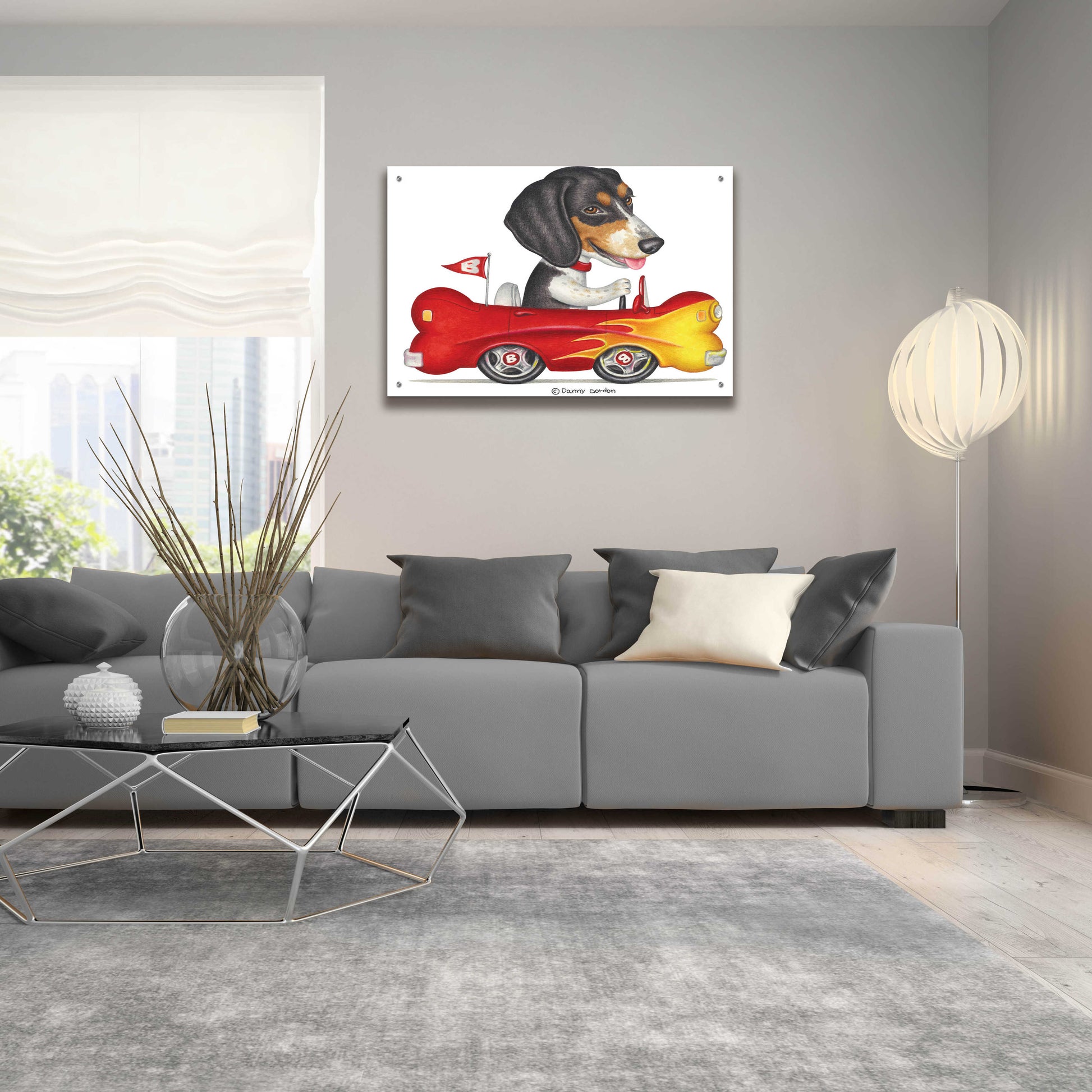 Epic Art 'Tri Color Beagle in Bone Car' by Danny Gordon Art, Acrylic Glass Wall Art,36x24