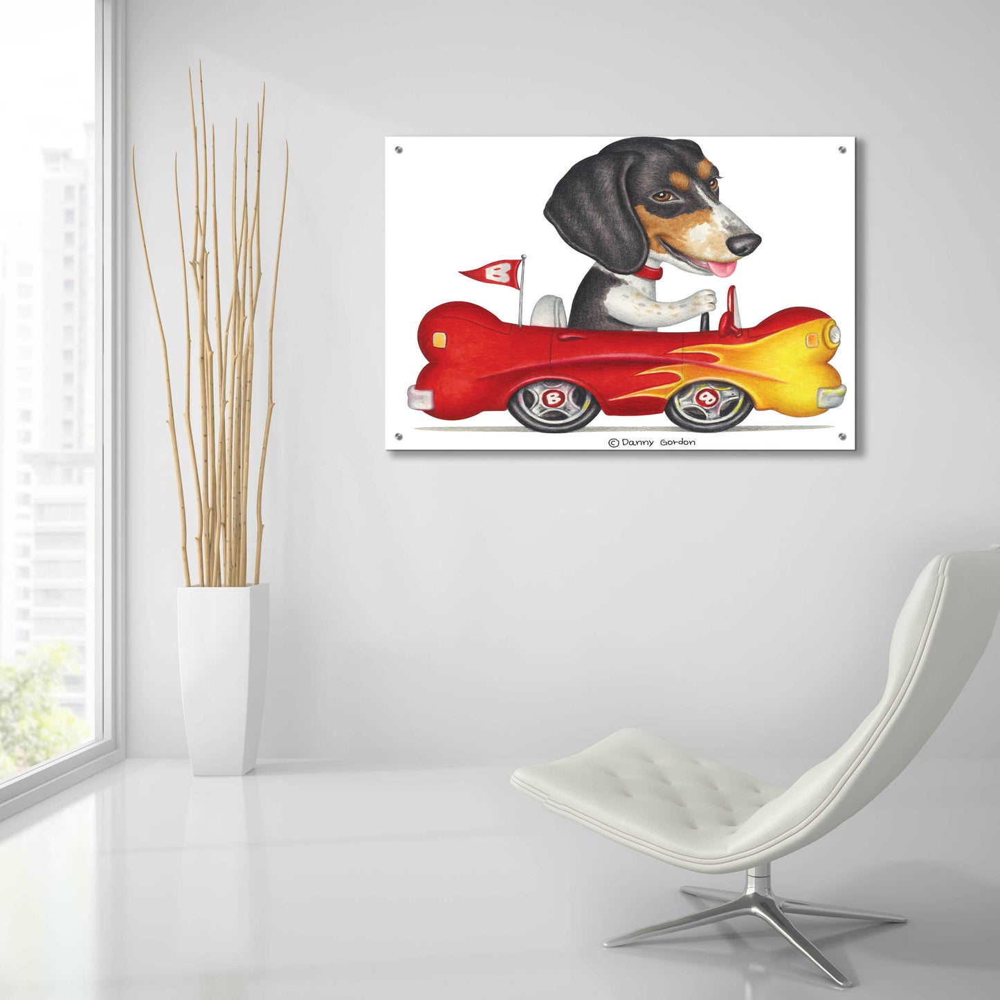 Epic Art 'Tri Color Beagle in Bone Car' by Danny Gordon Art, Acrylic Glass Wall Art,36x24