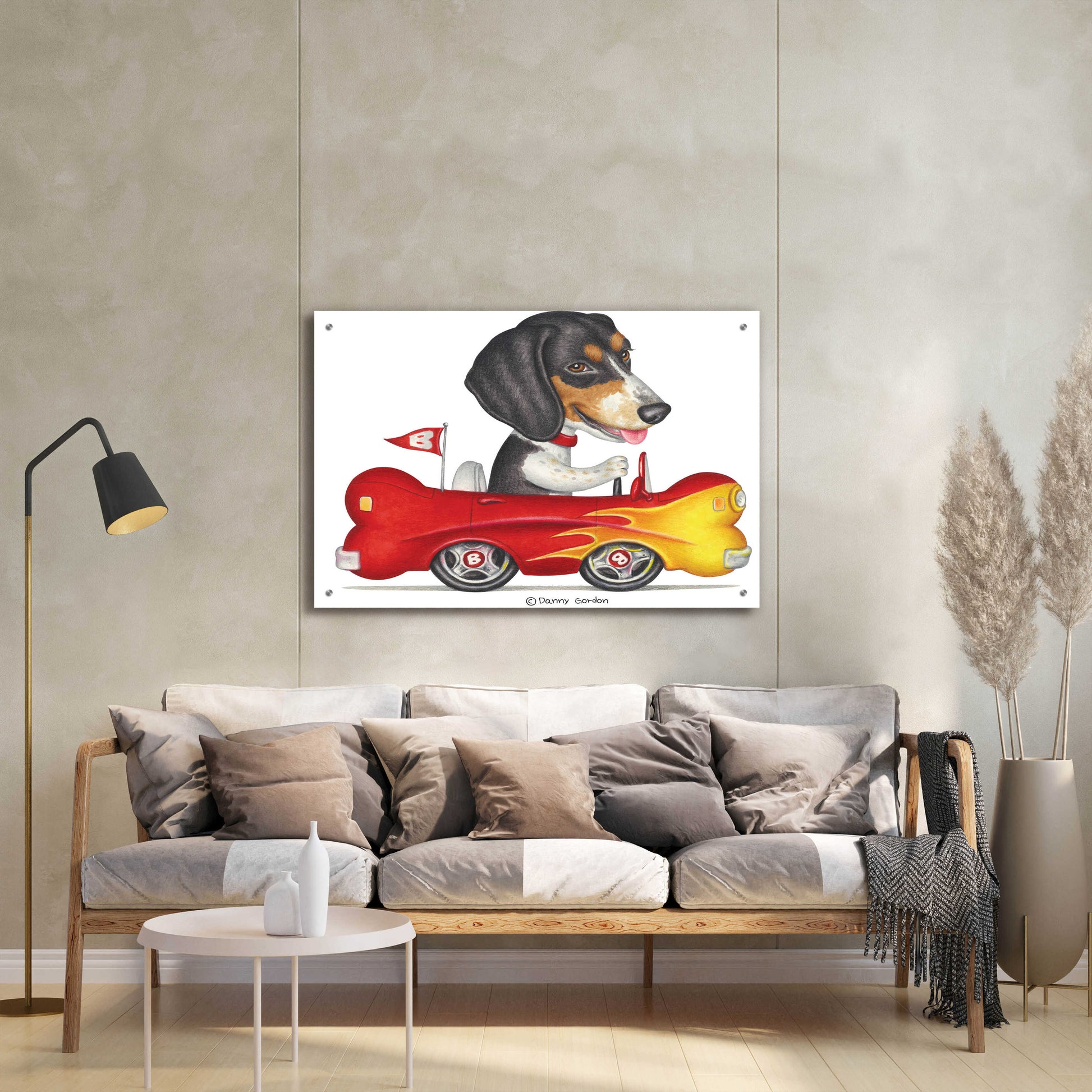 Epic Art 'Tri Color Beagle in Bone Car' by Danny Gordon Art, Acrylic Glass Wall Art,36x24