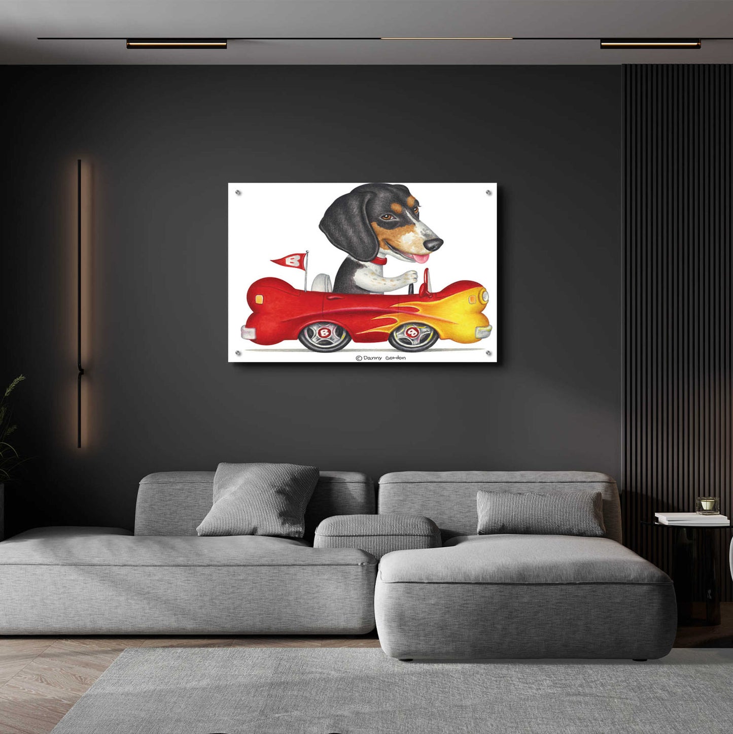 Epic Art 'Tri Color Beagle in Bone Car' by Danny Gordon Art, Acrylic Glass Wall Art,36x24