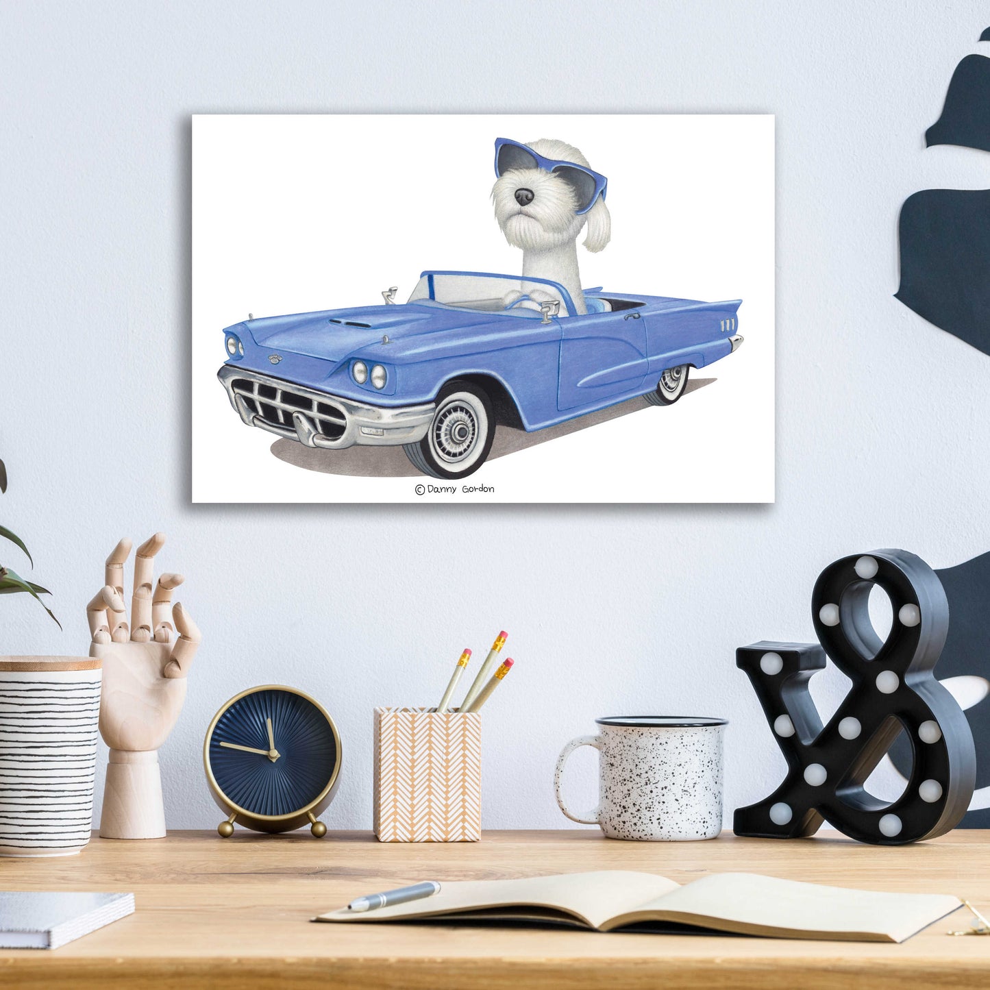 Epic Art 'White Labradoodle Blue Car' by Danny Gordon Art, Acrylic Glass Wall Art,16x12