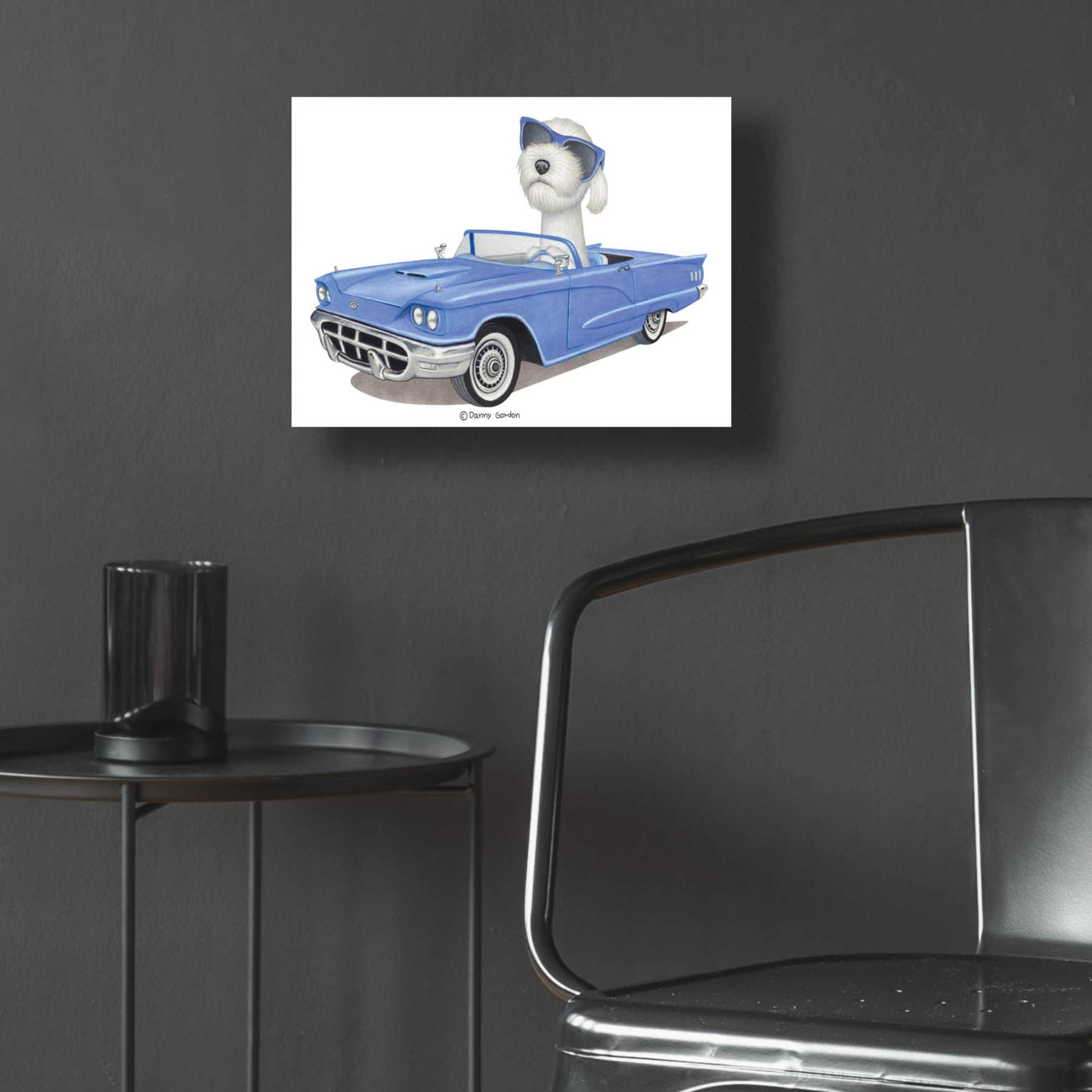 Epic Art 'White Labradoodle Blue Car' by Danny Gordon Art, Acrylic Glass Wall Art,16x12