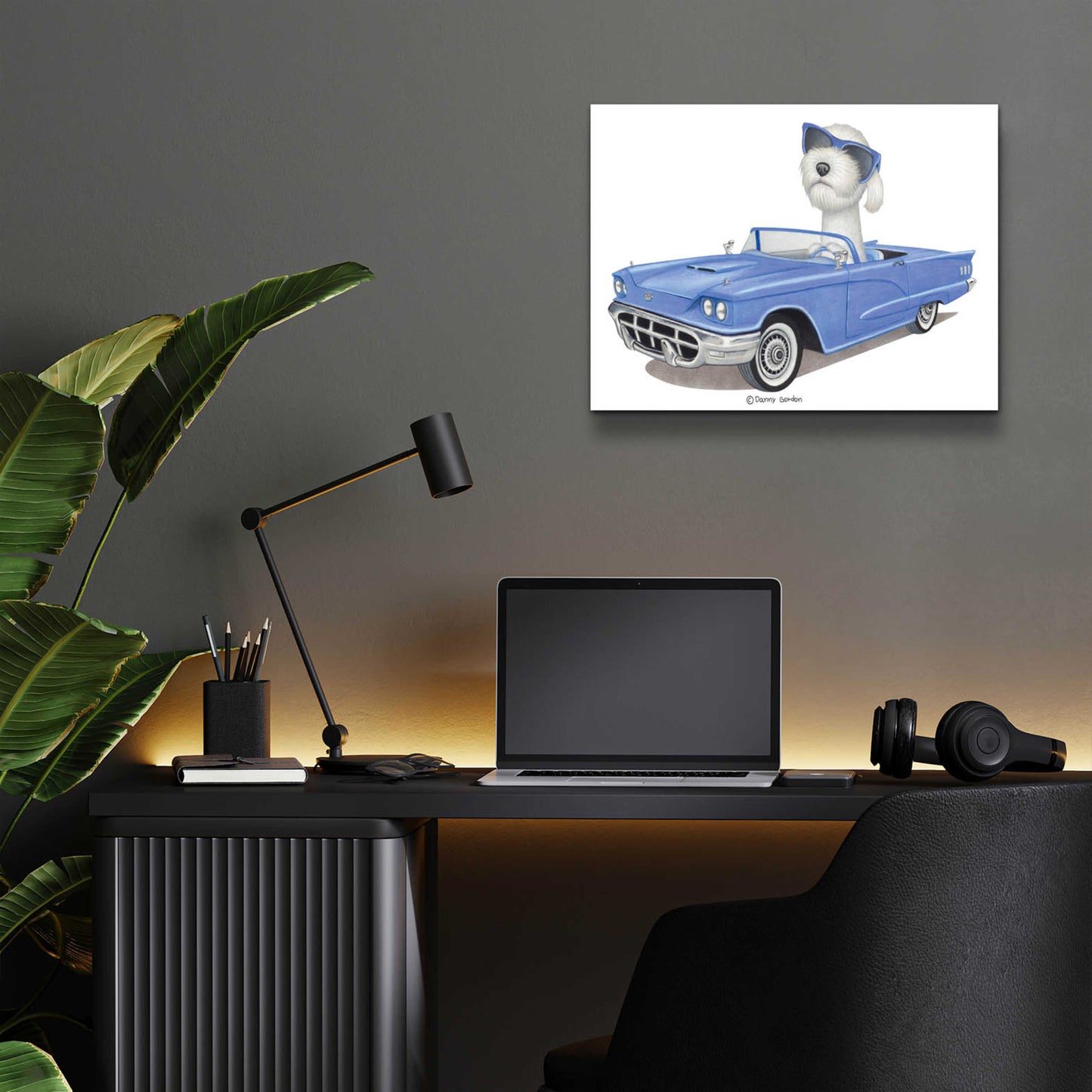 Epic Art 'White Labradoodle Blue Car' by Danny Gordon Art, Acrylic Glass Wall Art,16x12