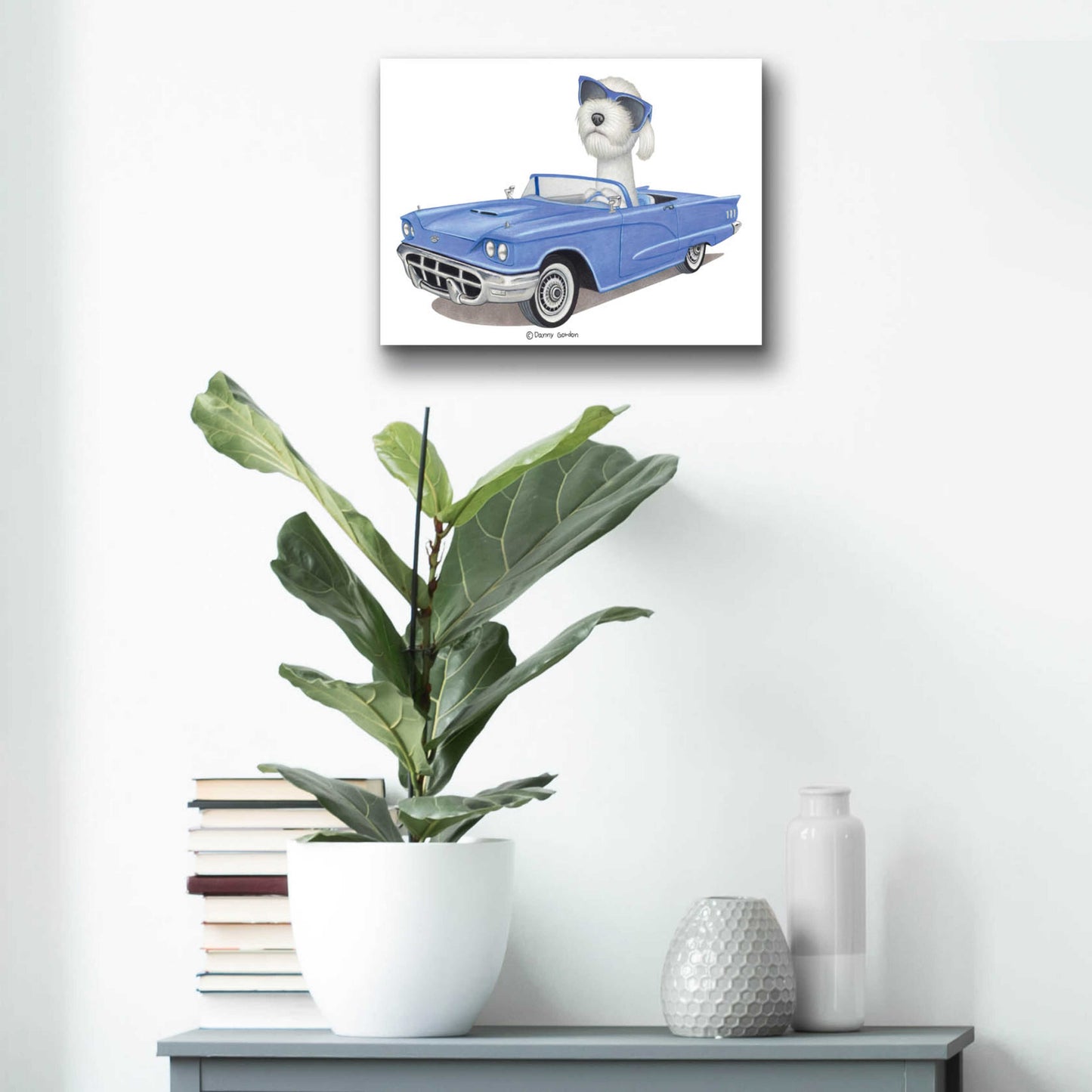 Epic Art 'White Labradoodle Blue Car' by Danny Gordon Art, Acrylic Glass Wall Art,16x12