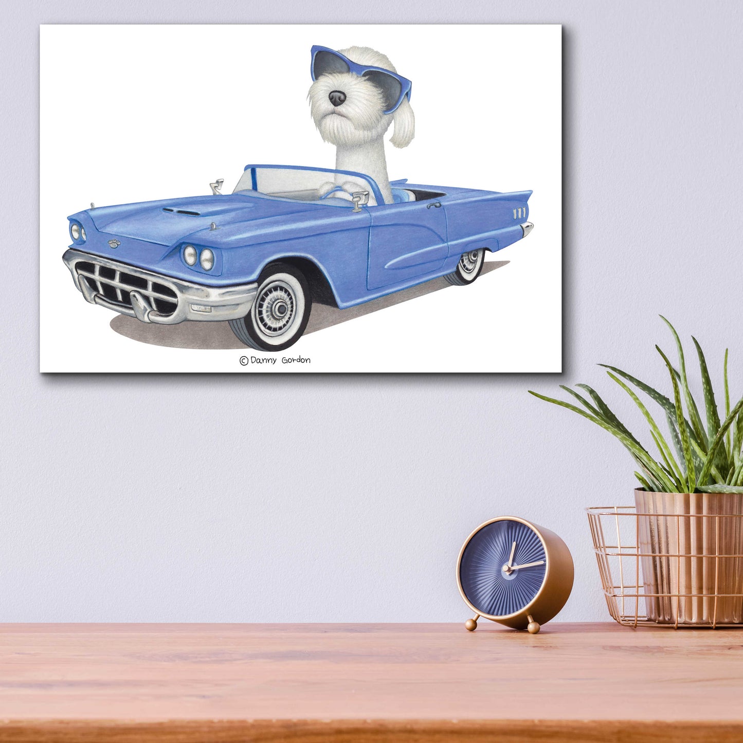 Epic Art 'White Labradoodle Blue Car' by Danny Gordon Art, Acrylic Glass Wall Art,16x12