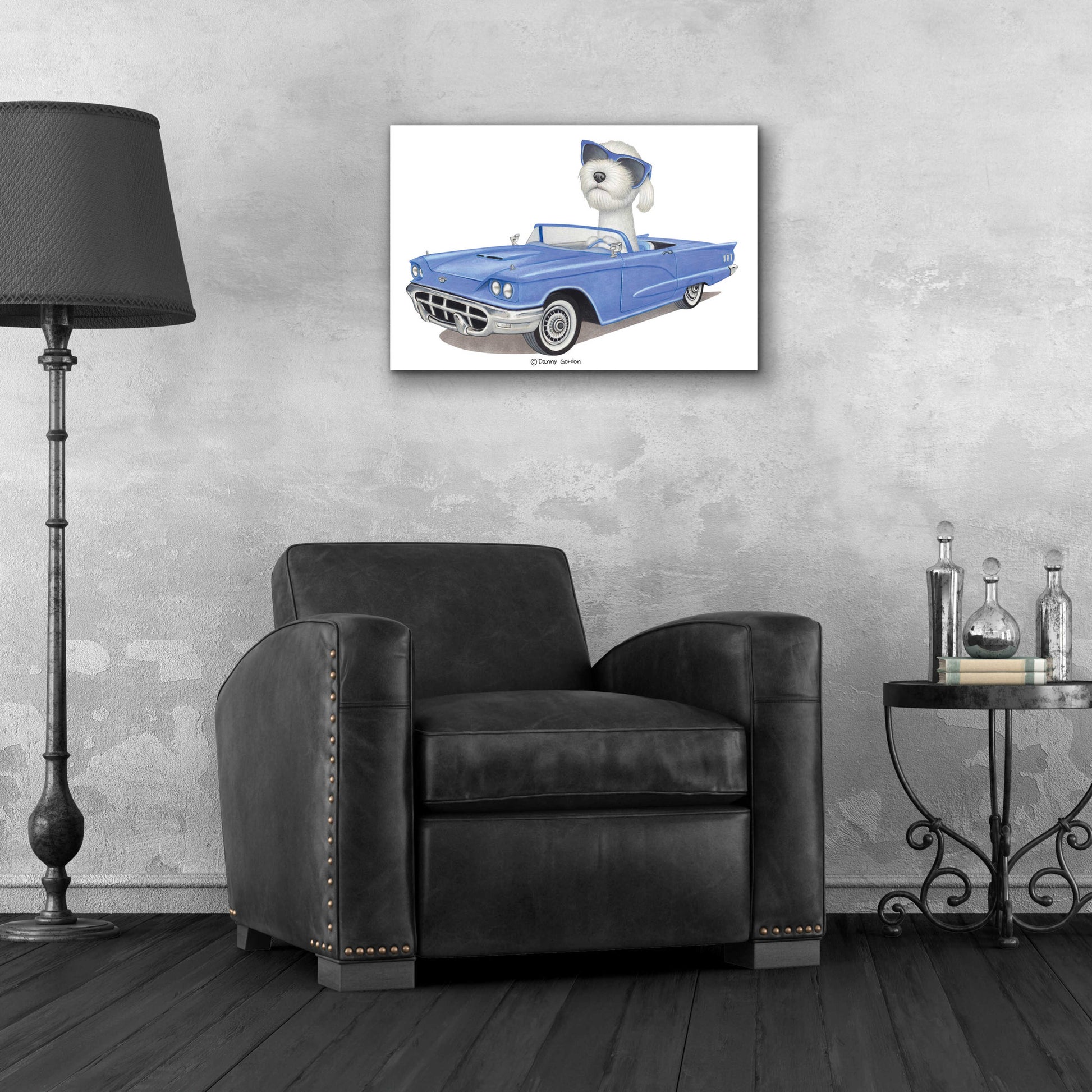 Epic Art 'White Labradoodle Blue Car' by Danny Gordon Art, Acrylic Glass Wall Art,24x16