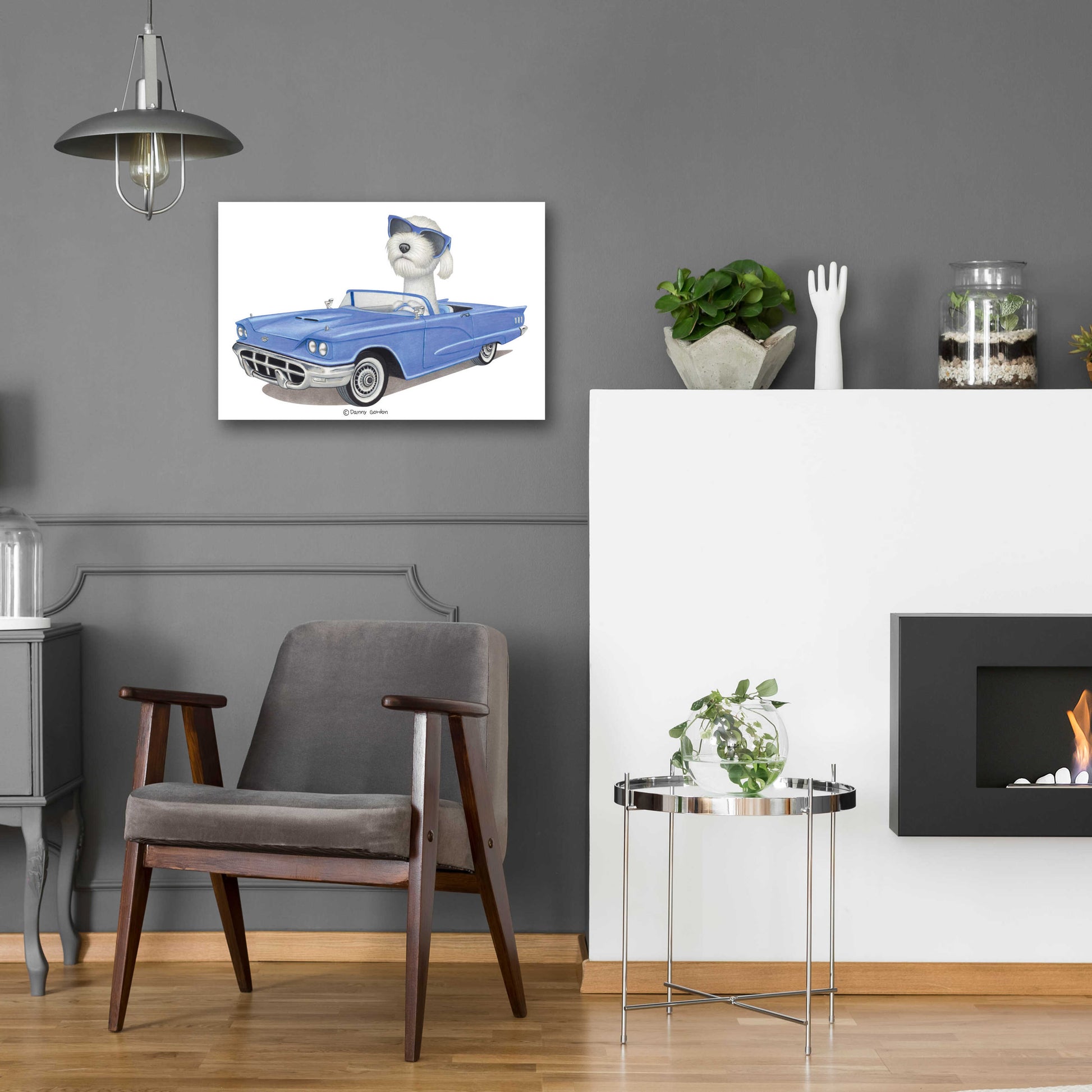 Epic Art 'White Labradoodle Blue Car' by Danny Gordon Art, Acrylic Glass Wall Art,24x16