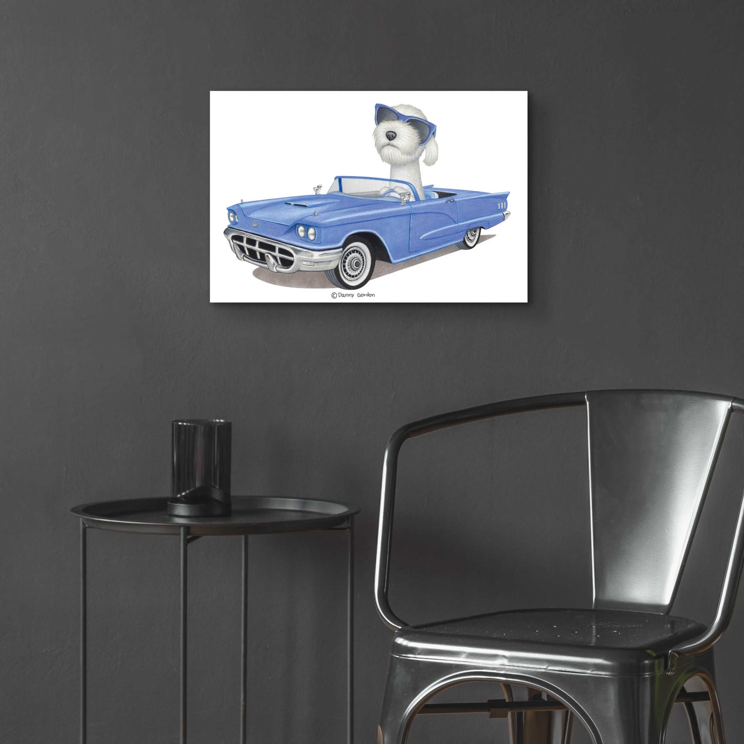 Epic Art 'White Labradoodle Blue Car' by Danny Gordon Art, Acrylic Glass Wall Art,24x16