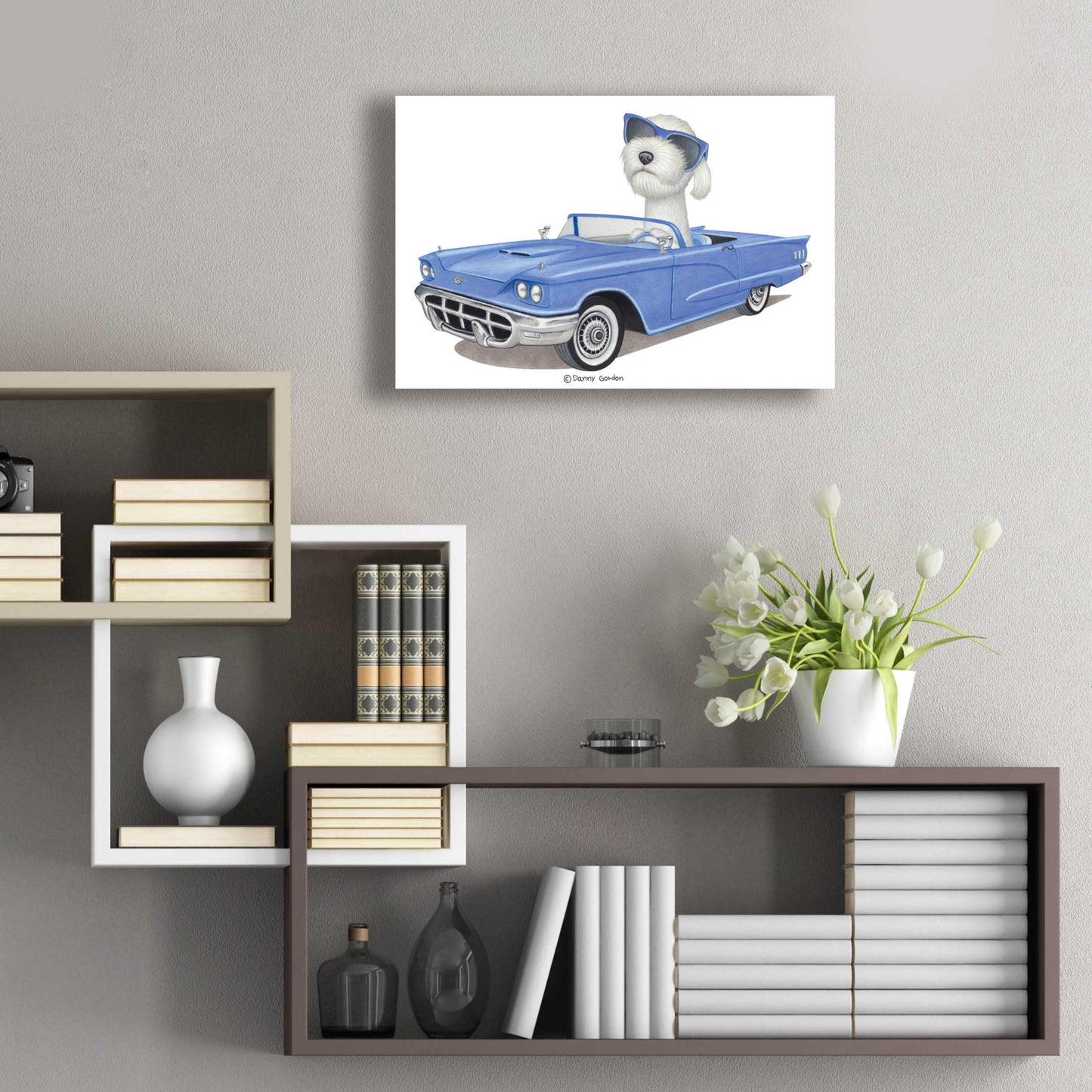 Epic Art 'White Labradoodle Blue Car' by Danny Gordon Art, Acrylic Glass Wall Art,24x16