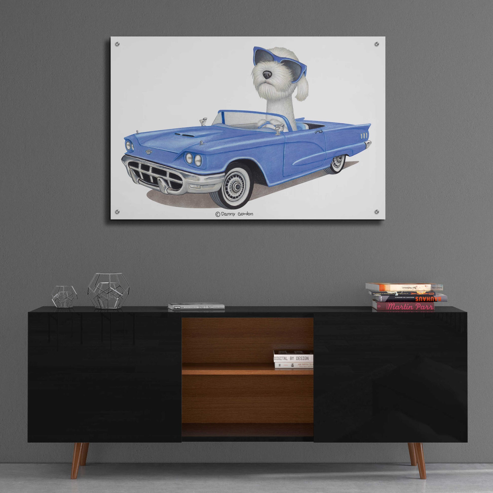 Epic Art 'White Labradoodle Blue Car' by Danny Gordon Art, Acrylic Glass Wall Art,36x24