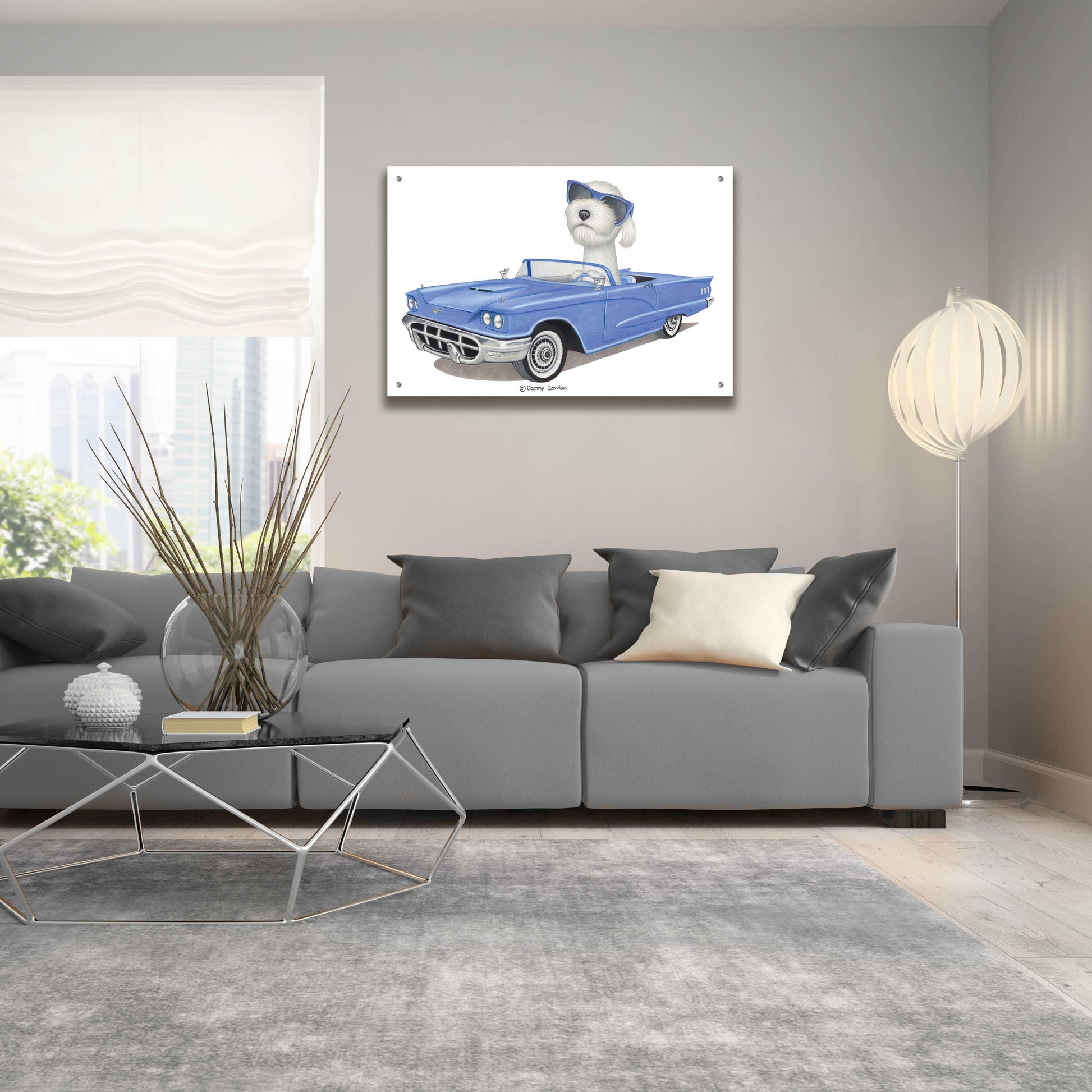 Epic Art 'White Labradoodle Blue Car' by Danny Gordon Art, Acrylic Glass Wall Art,36x24