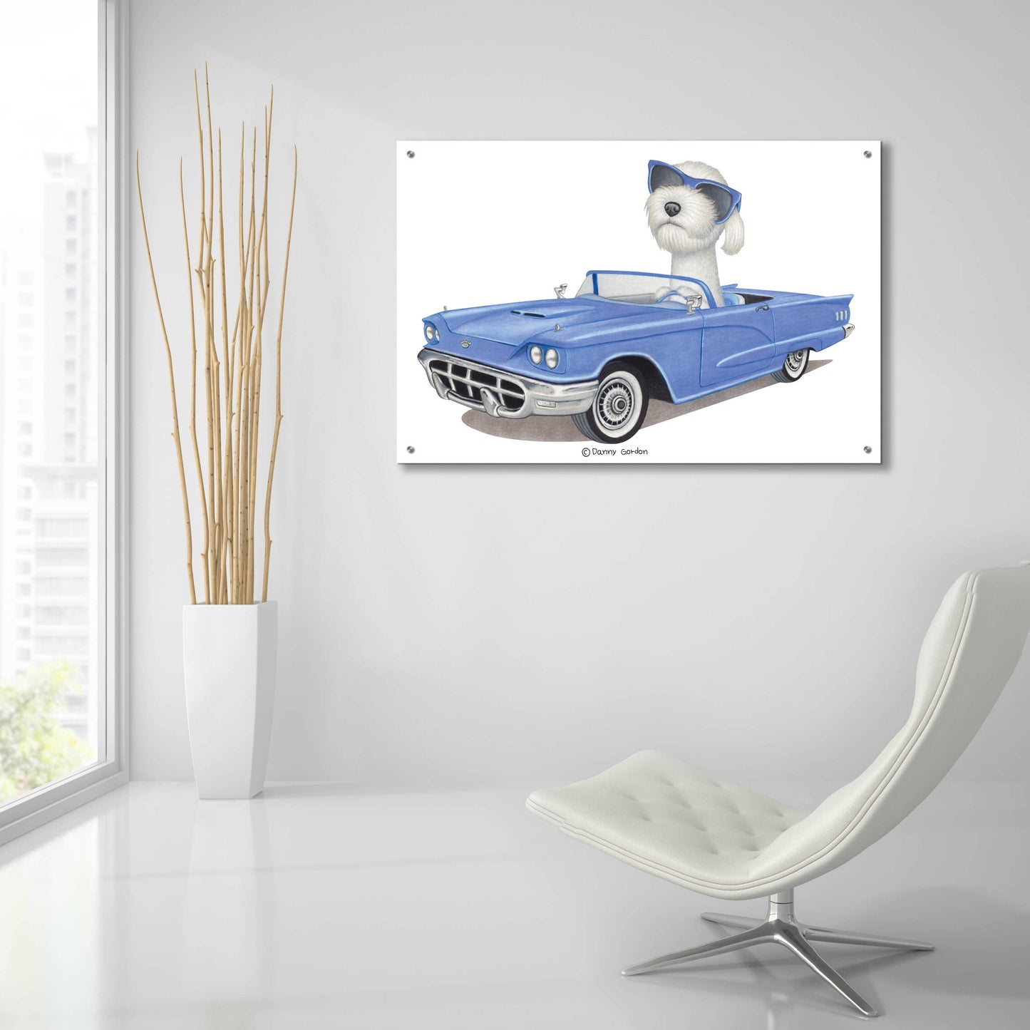 Epic Art 'White Labradoodle Blue Car' by Danny Gordon Art, Acrylic Glass Wall Art,36x24