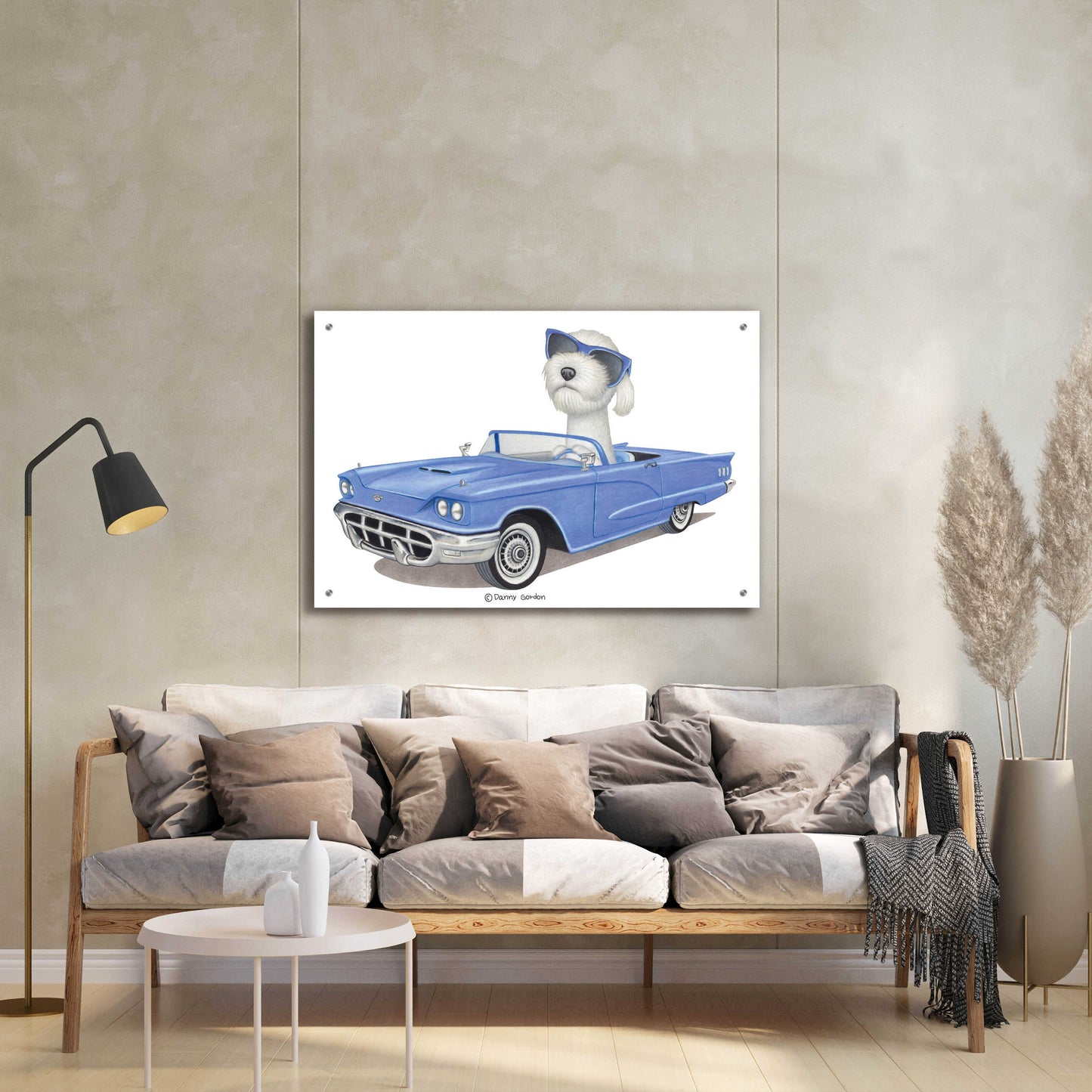 Epic Art 'White Labradoodle Blue Car' by Danny Gordon Art, Acrylic Glass Wall Art,36x24