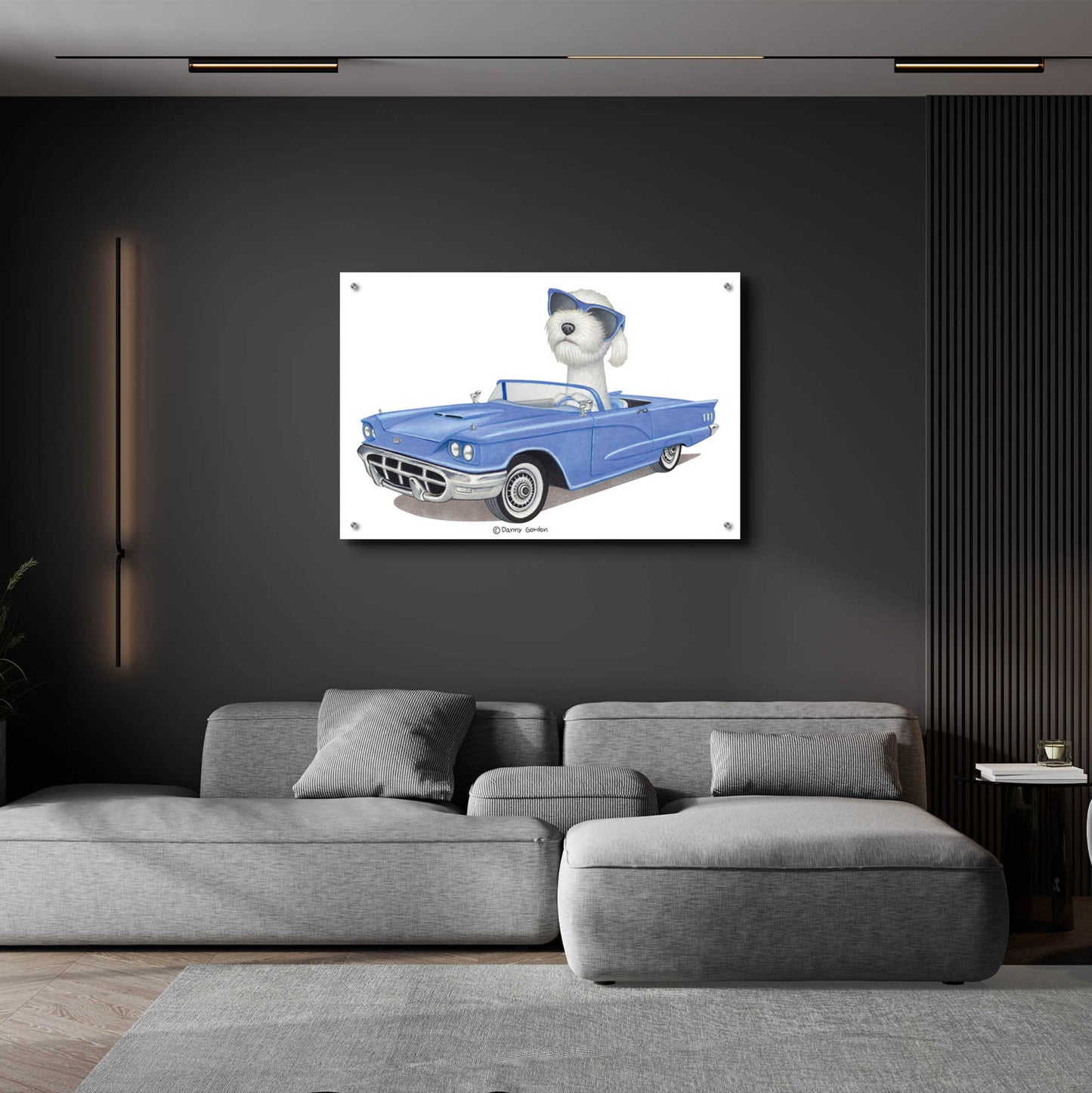 Epic Art 'White Labradoodle Blue Car' by Danny Gordon Art, Acrylic Glass Wall Art,36x24