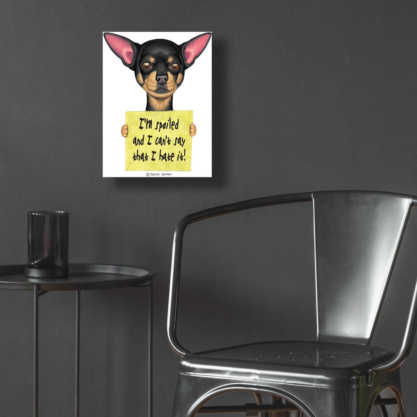 Epic Art 'Black Chihuahua Holding Sign' by Danny Gordon Art, Acrylic Glass Wall Art,12x16