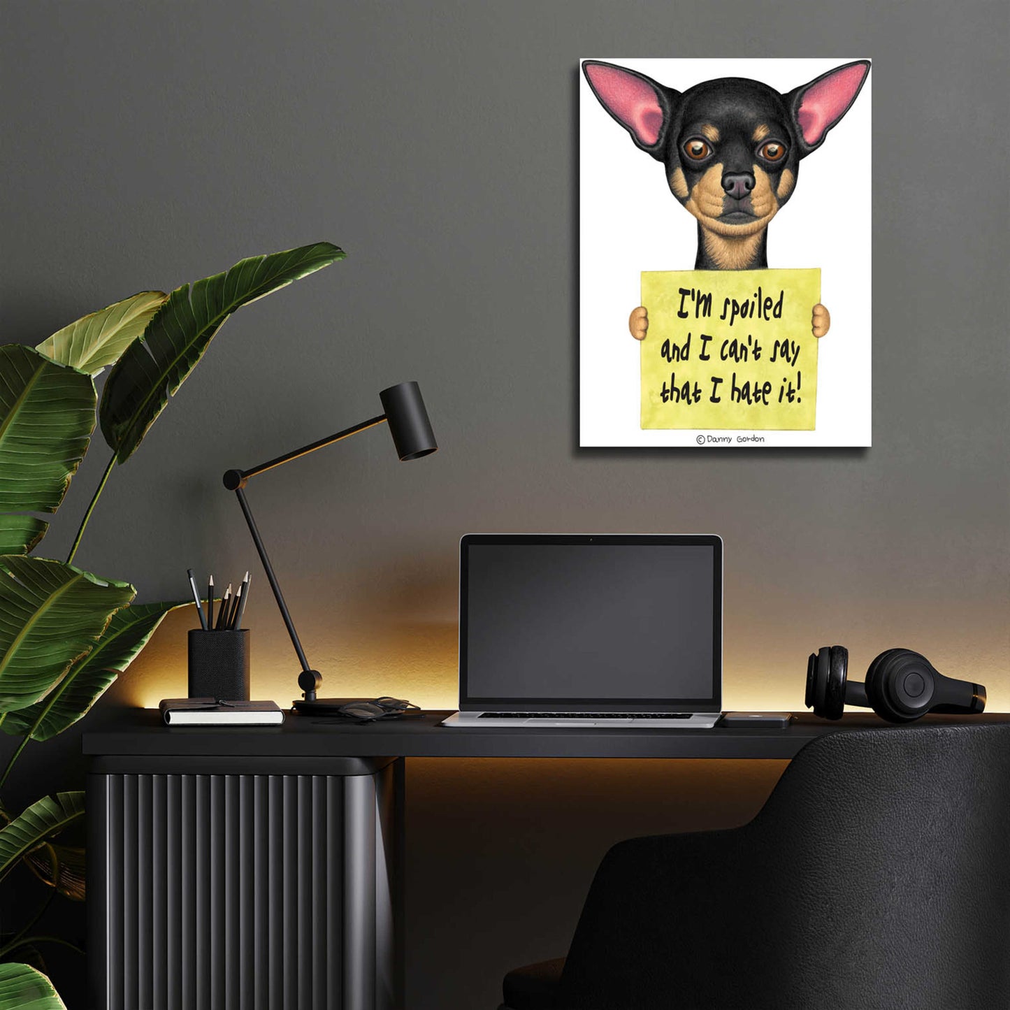 Epic Art 'Black Chihuahua Holding Sign' by Danny Gordon Art, Acrylic Glass Wall Art,12x16