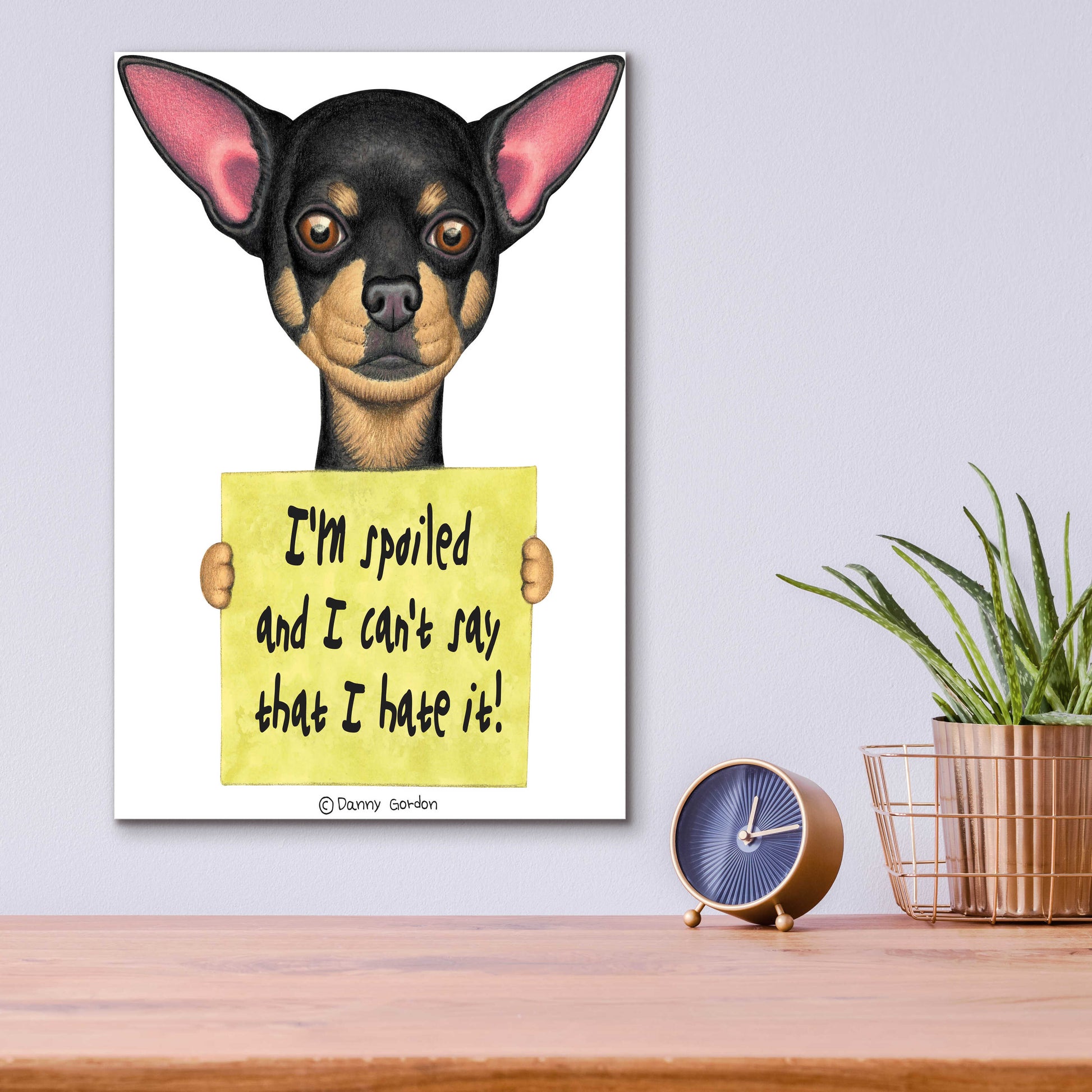 Epic Art 'Black Chihuahua Holding Sign' by Danny Gordon Art, Acrylic Glass Wall Art,12x16